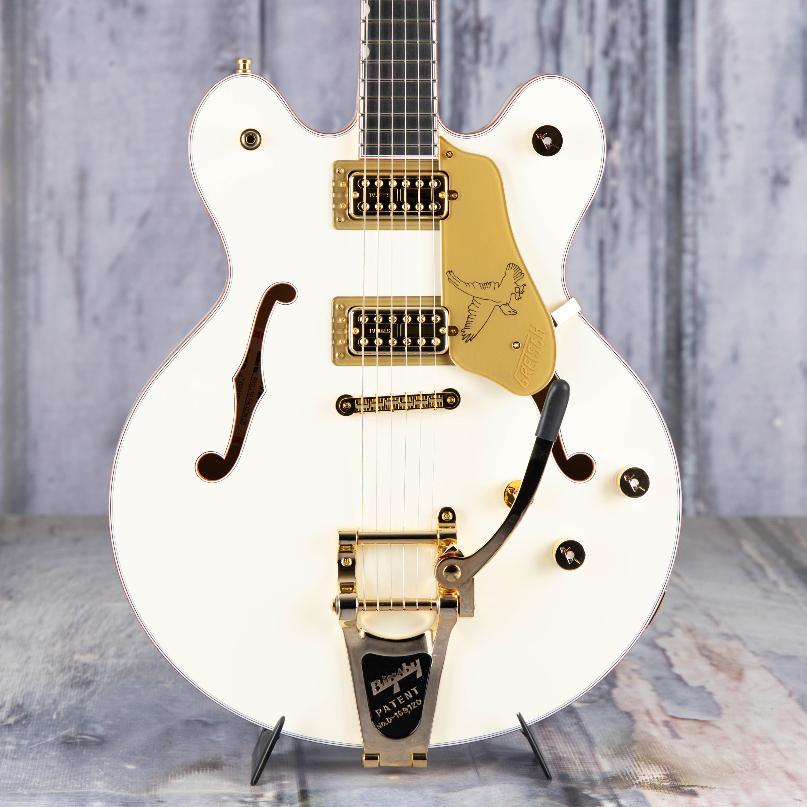 Gretsch Falcon Center Block LTD Double-Cut W/ String-Thru Bigsby Semi-Hollowbody Guitar, Vintage White, front closeup
