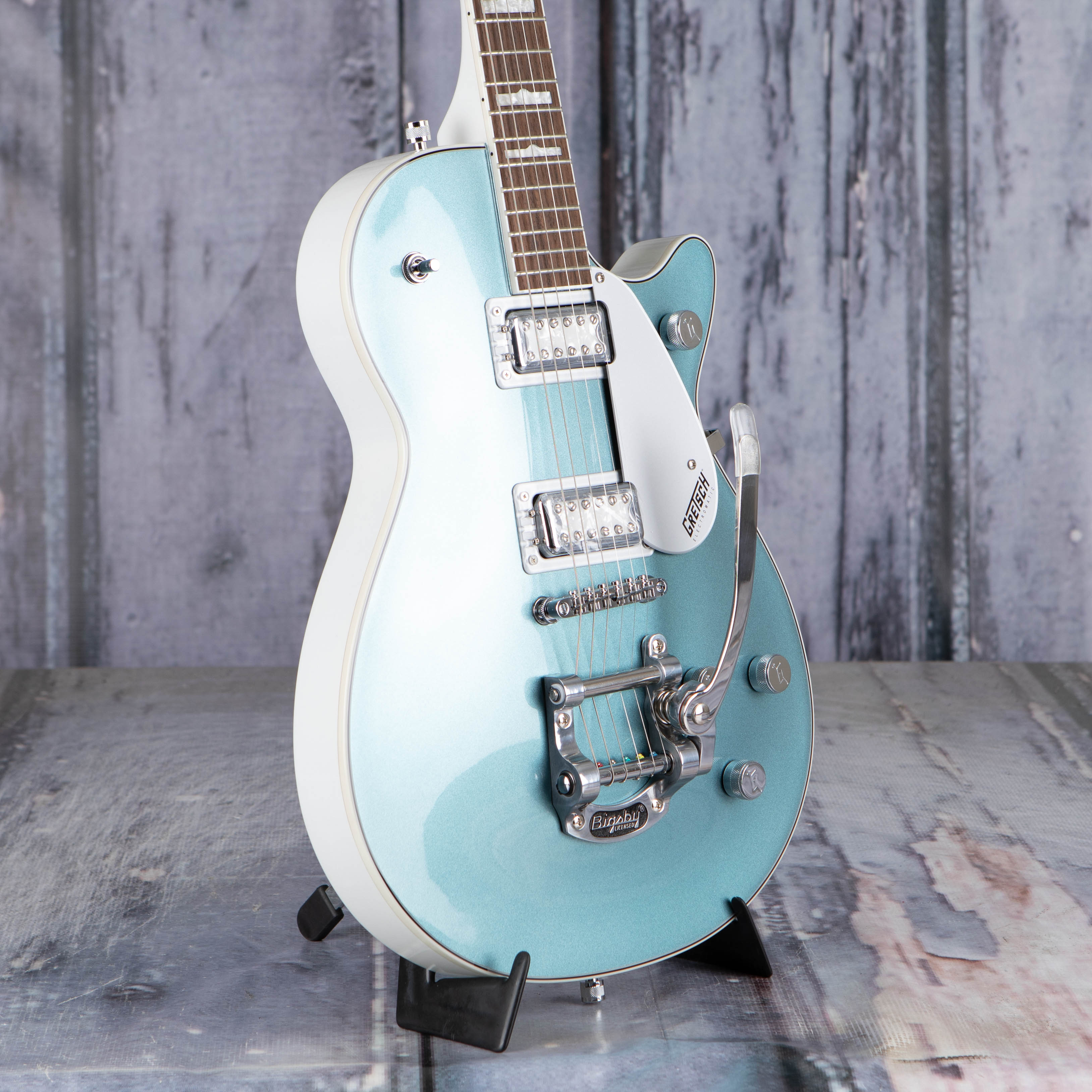 Gretsch G5230T-140 Electromatic 140th Double Platinum Jet W/ Bigsby Electric Guitar, Two-Tone Stone Platinum/Pearl Platinum, angle