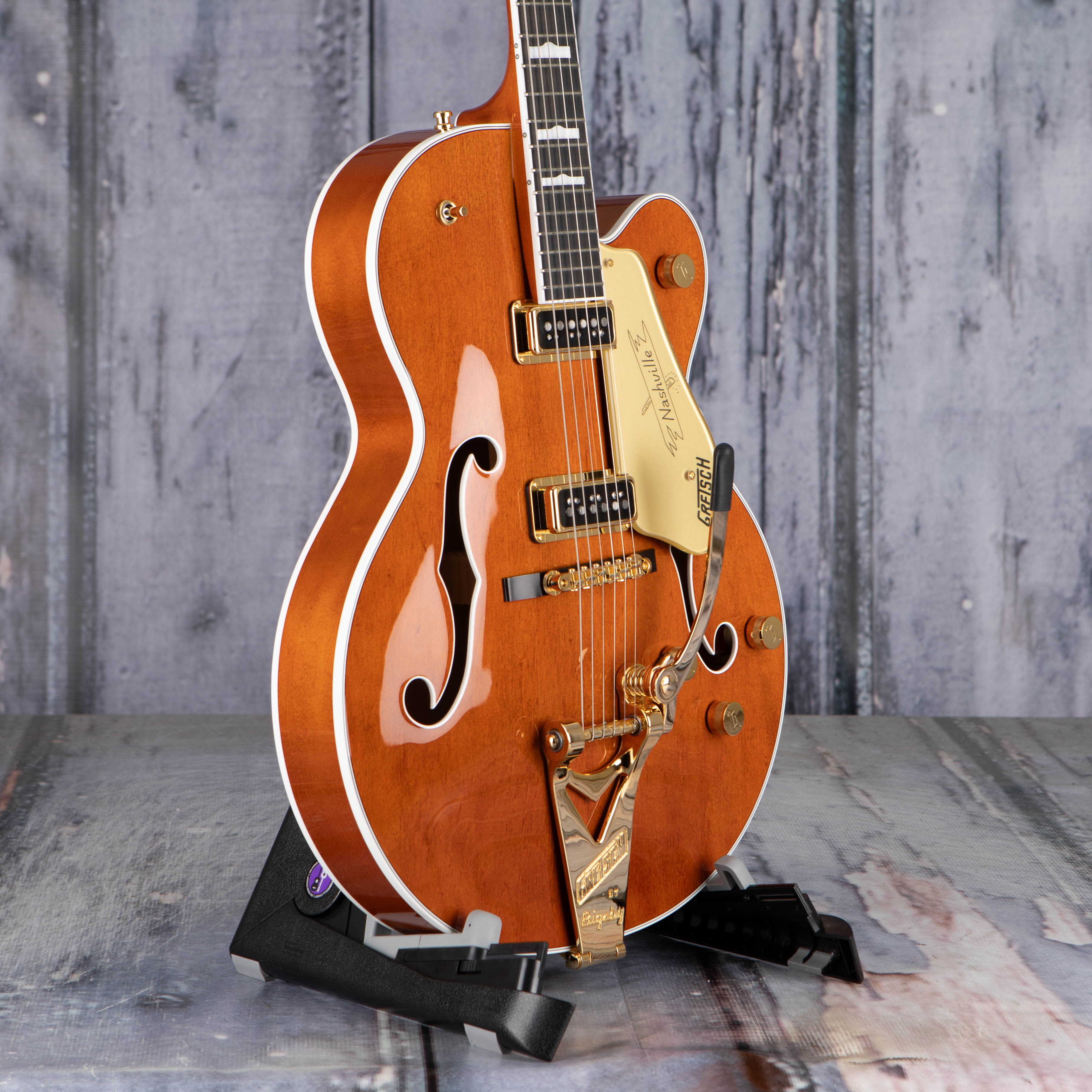 Gretsch G6120TG-DS Players Edition Nashville Hollow Body DS W/ String-Thru Bigsby And Gold Hardware Guitar, Roundup Orange, angle