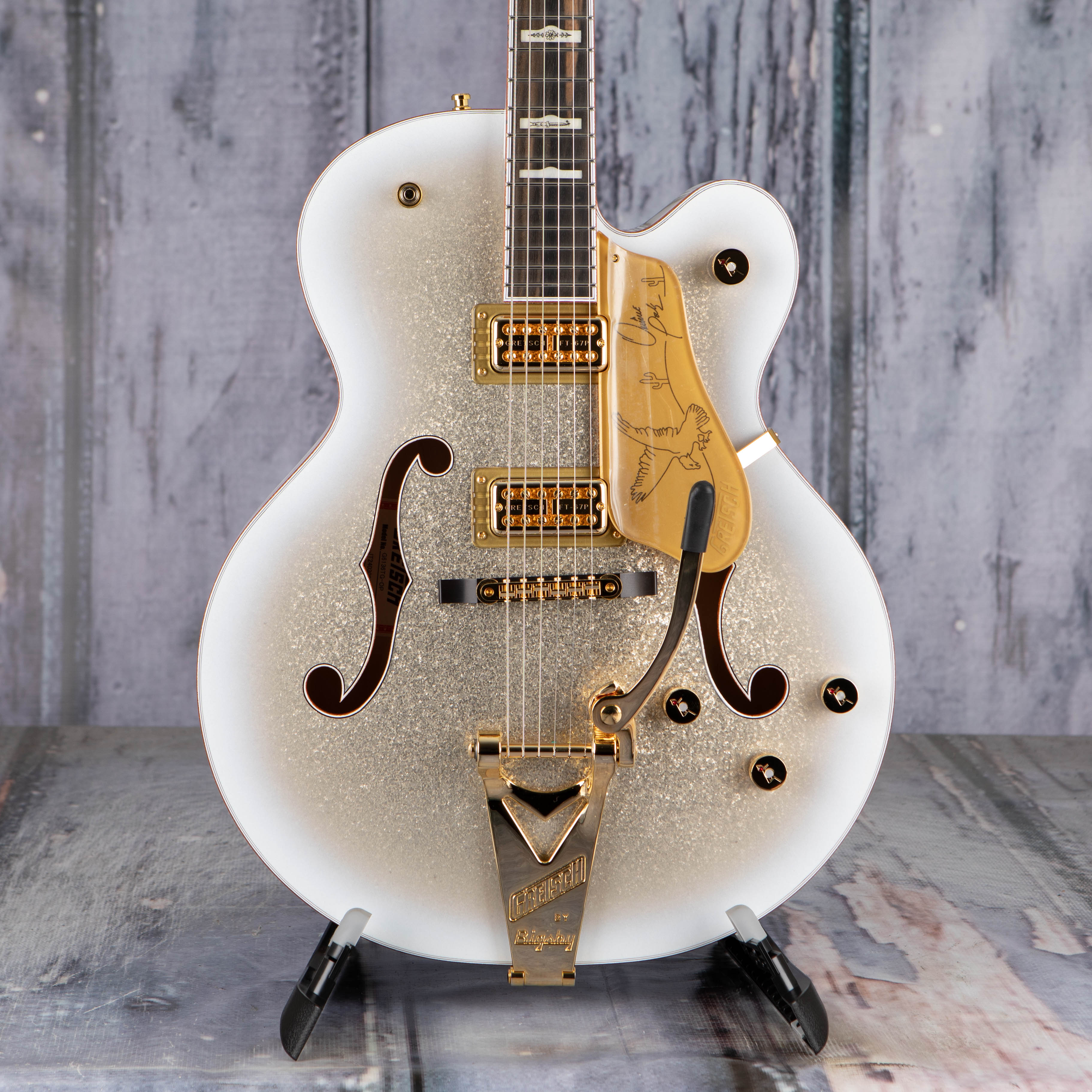 Gretsch G6136TG-OP Limited Edition Orville Peck Falcon W/ String-Thru Bigsby Hollowbody Guitar, Oro Sparkle, front closeup