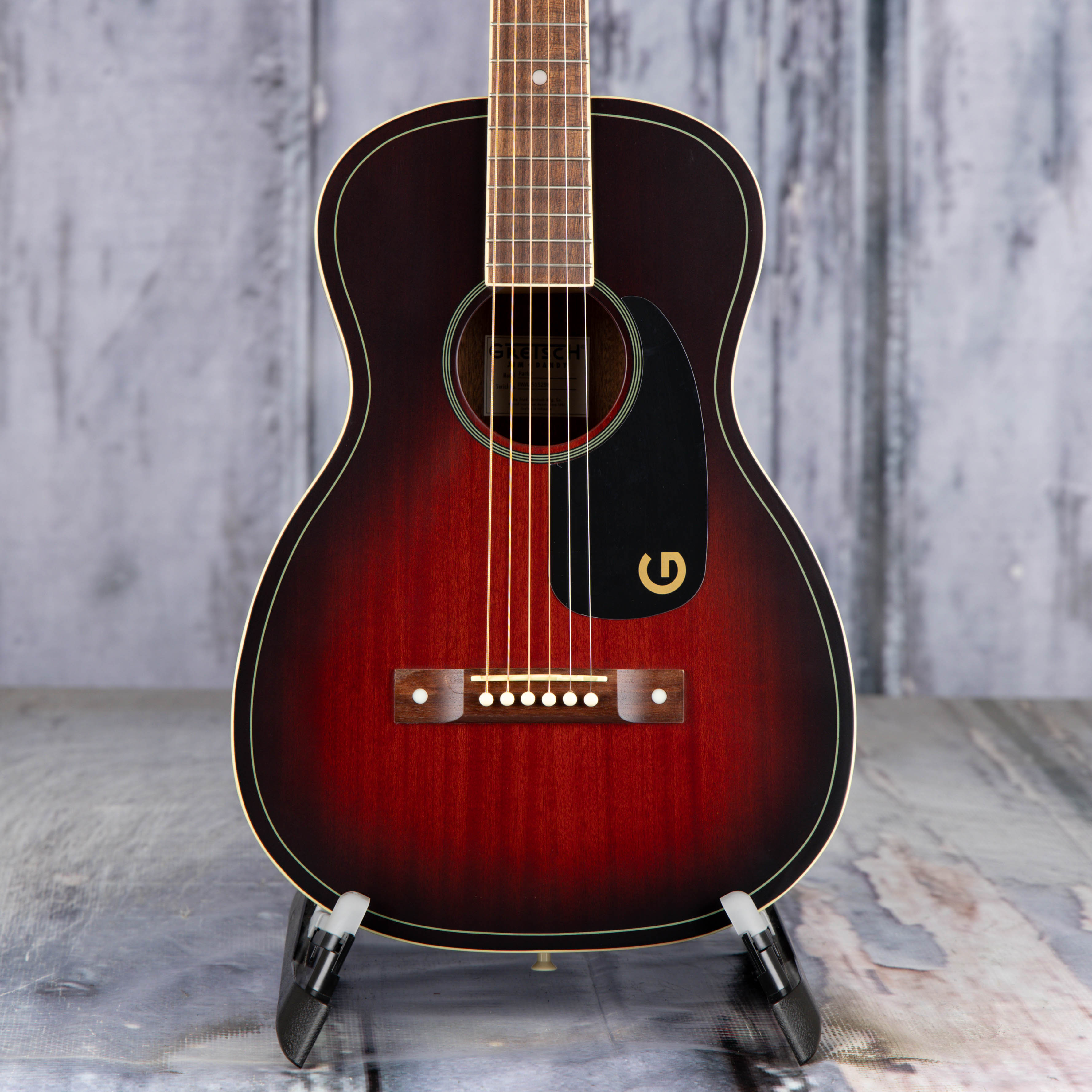 Gretsch Jim Dandy Dreadnought Acoustic Guitar, Deep Cherry Burst, front closeup