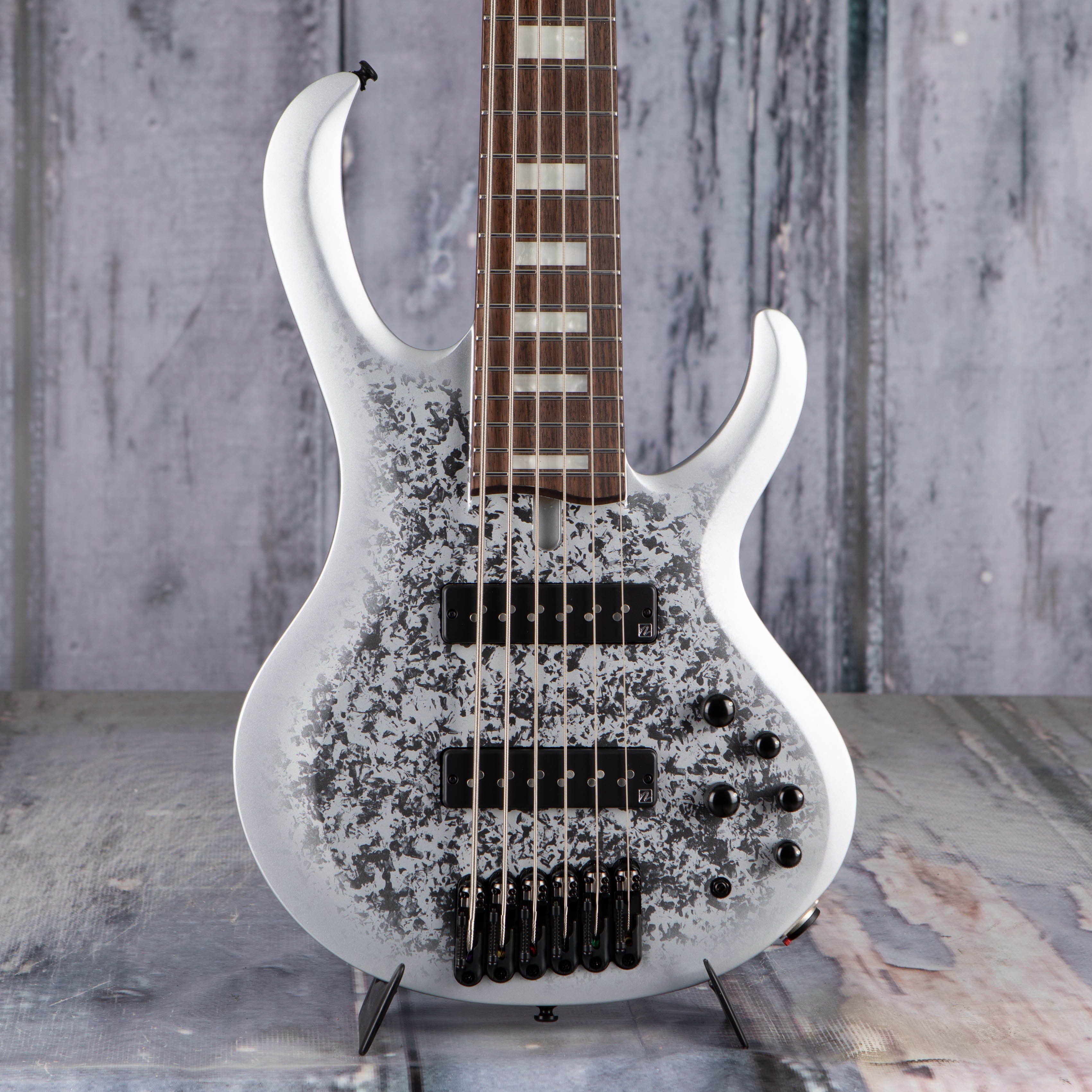 Ibanez BTB25TH6 25th Anniversary BTB Standard 6-String Electric Bass Guitar, Silver Blizzard Matte, front closeup