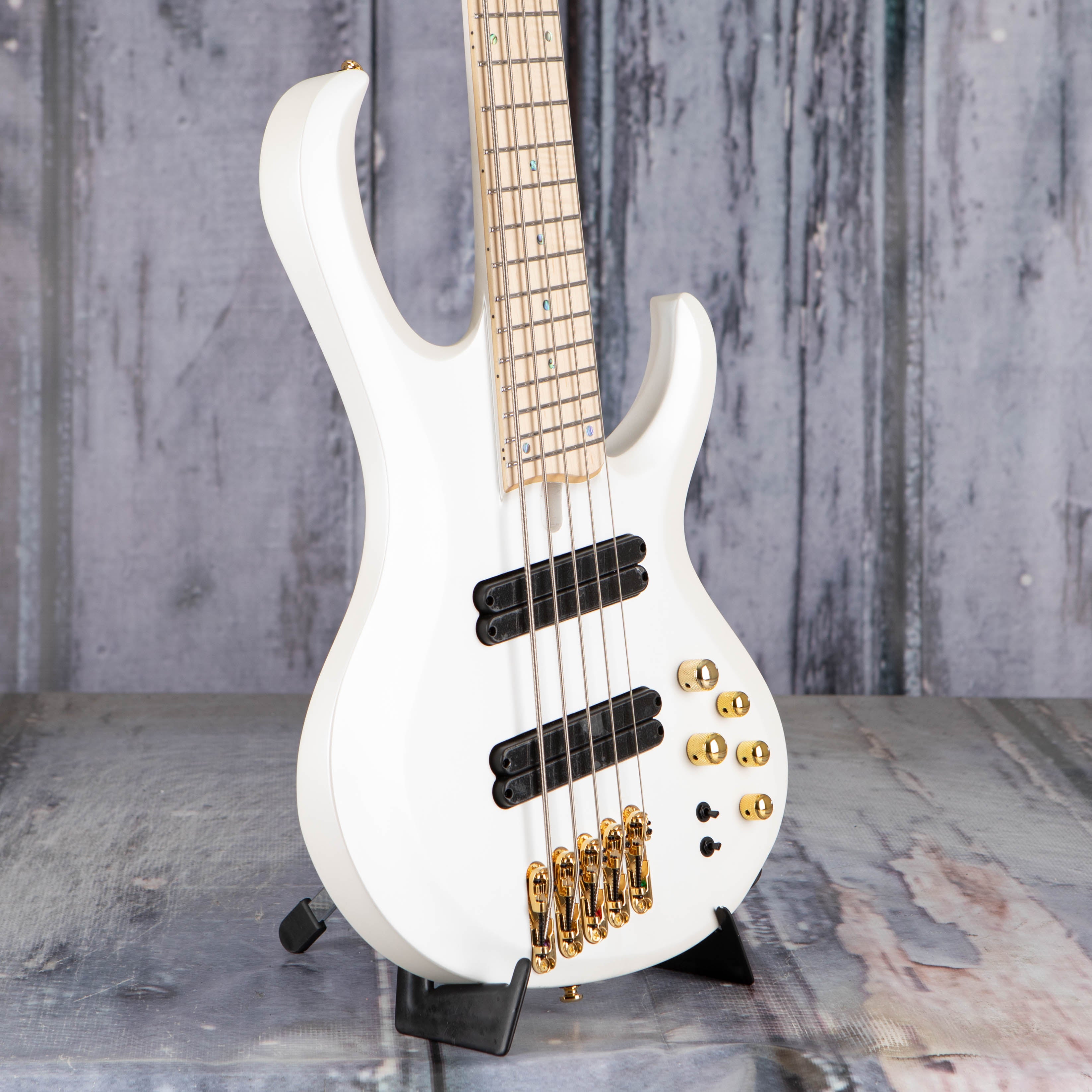 Ibanez BTB605MLM Bass Workshop Multi-Scale 5-String Electric Bass Guitar, Pearl White Matte, angle