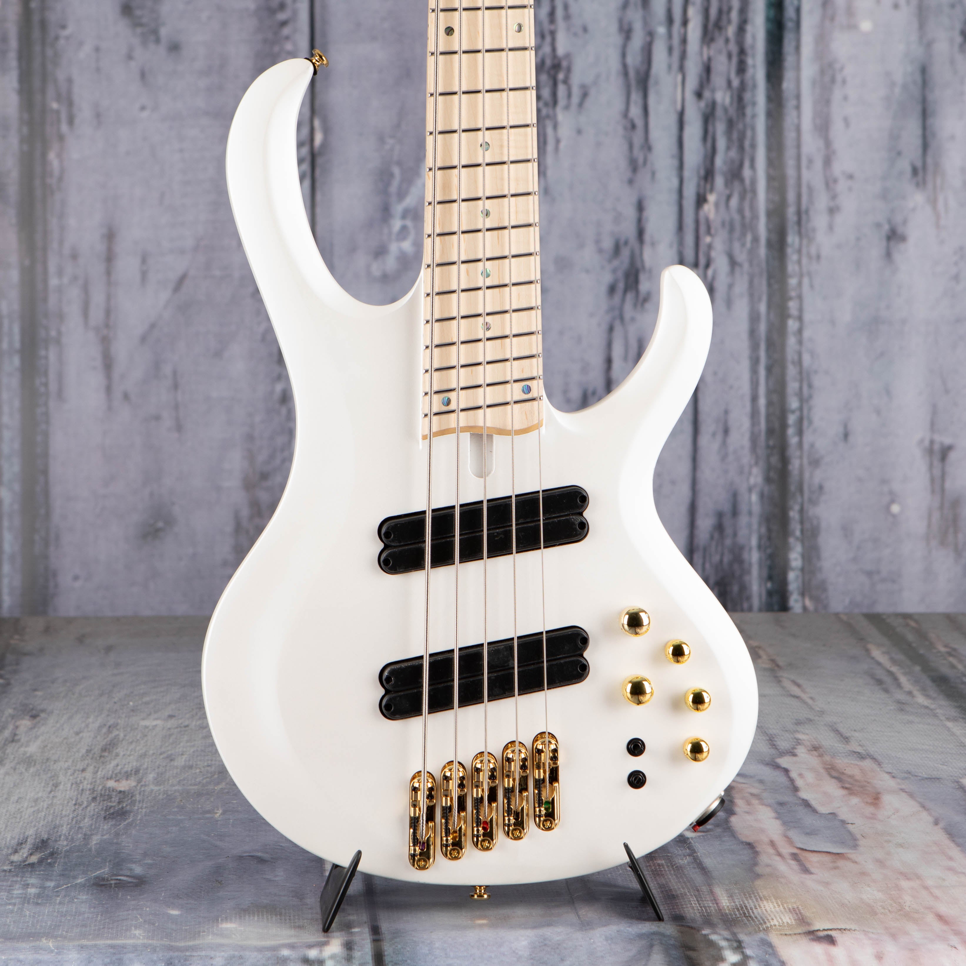 Ibanez BTB605MLM Bass Workshop Multi-Scale 5-String Electric Bass Guitar, Pearl White Matte, front closeup