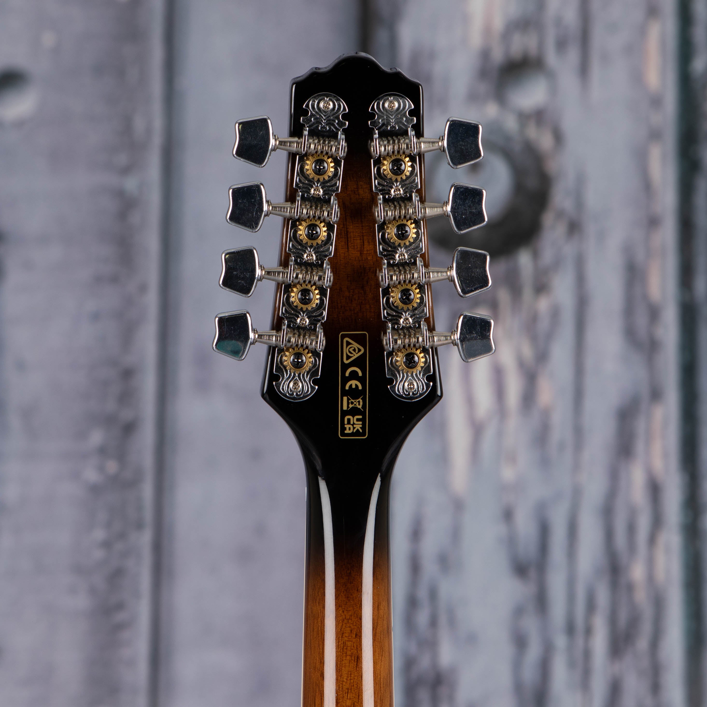 Ibanez M510E A-Style Acoustic/Electric Mandolin, Dark Violin Sunburst High Gloss, back headstock