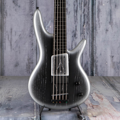 Ibanez Premium Gary Willis Signature Fretless 5-String Electric Bass Guitar, Silver Wave Burst Flat, front closeup