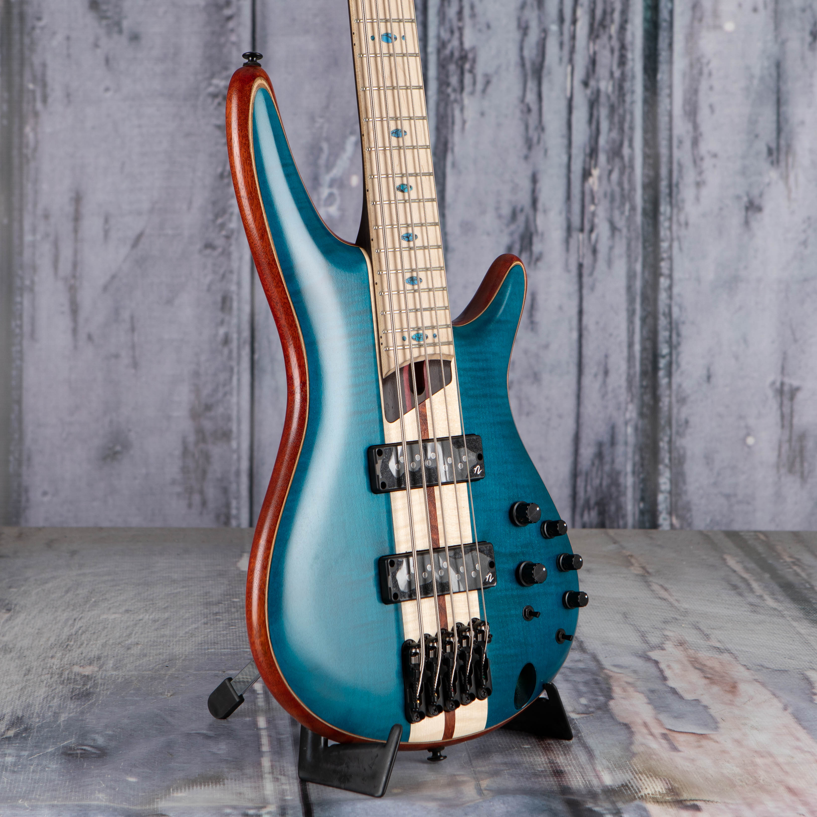 Ibanez Premium SR1425B 5-String Electric Bass Guitar, Caribbean Green Low Gloss, angle