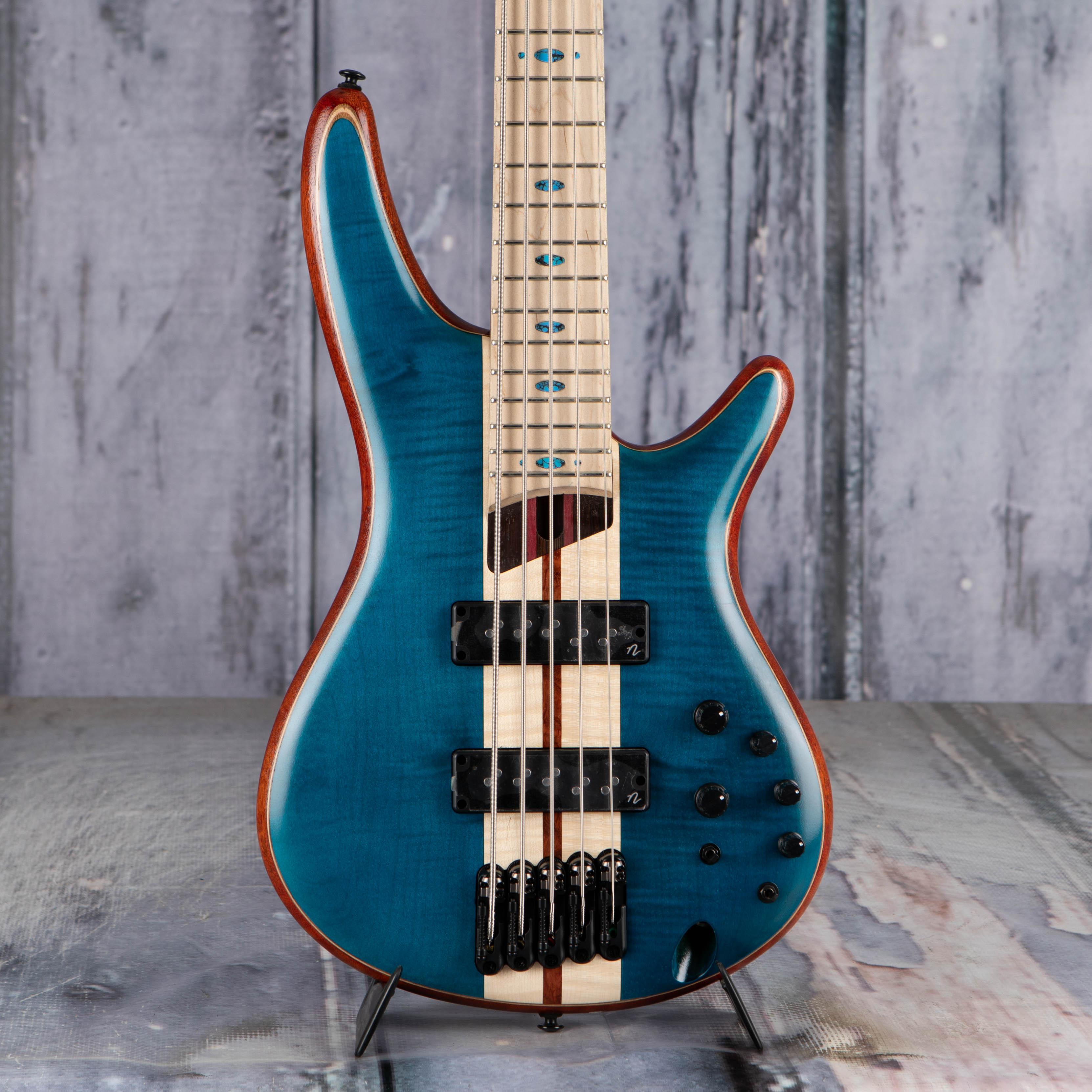 Ibanez Premium SR1425B 5-String Electric Bass Guitar, Caribbean Green Low Gloss, front closeup