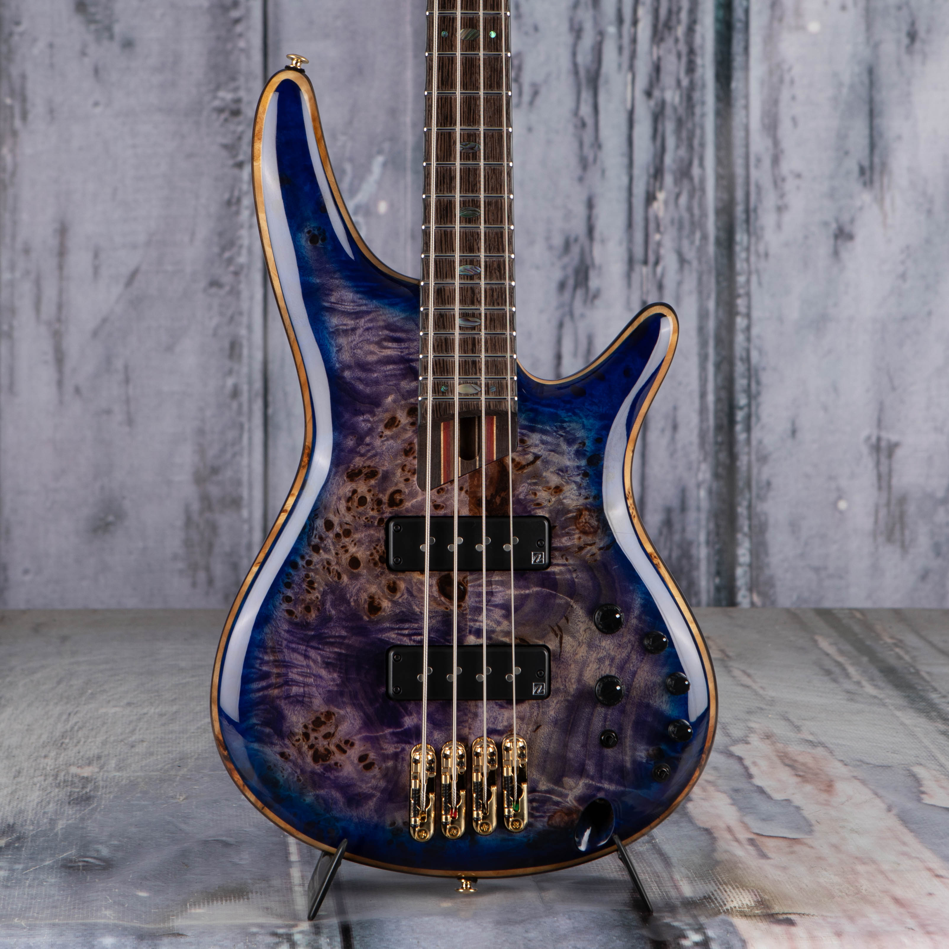Ibanez Premium SR2600 Electric Bass Guitar, Cerulean Blue Burst, front closeup