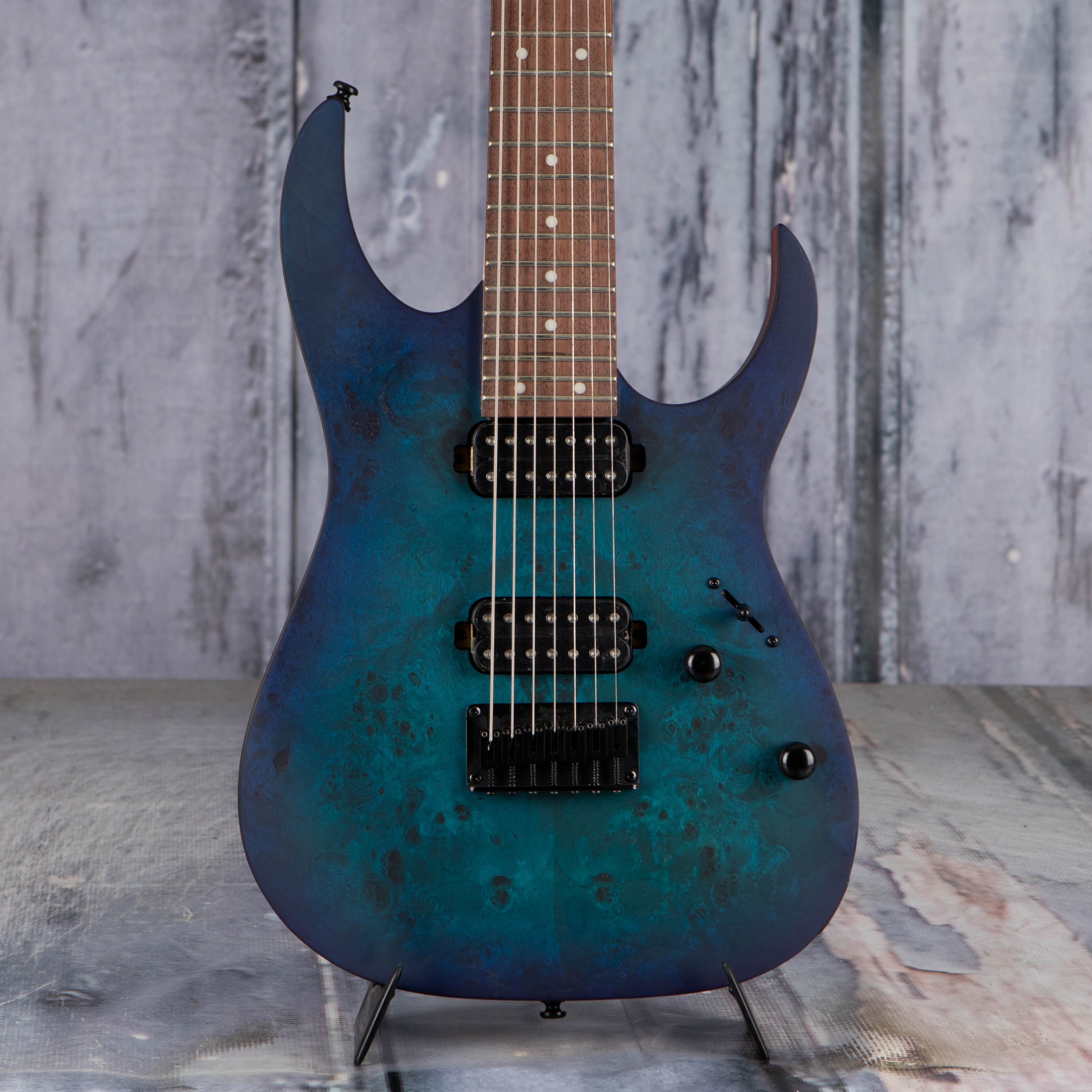 Ibanez RG7421PB 7-String Electric Guitar, Sapphire Blue Flat, front closeup