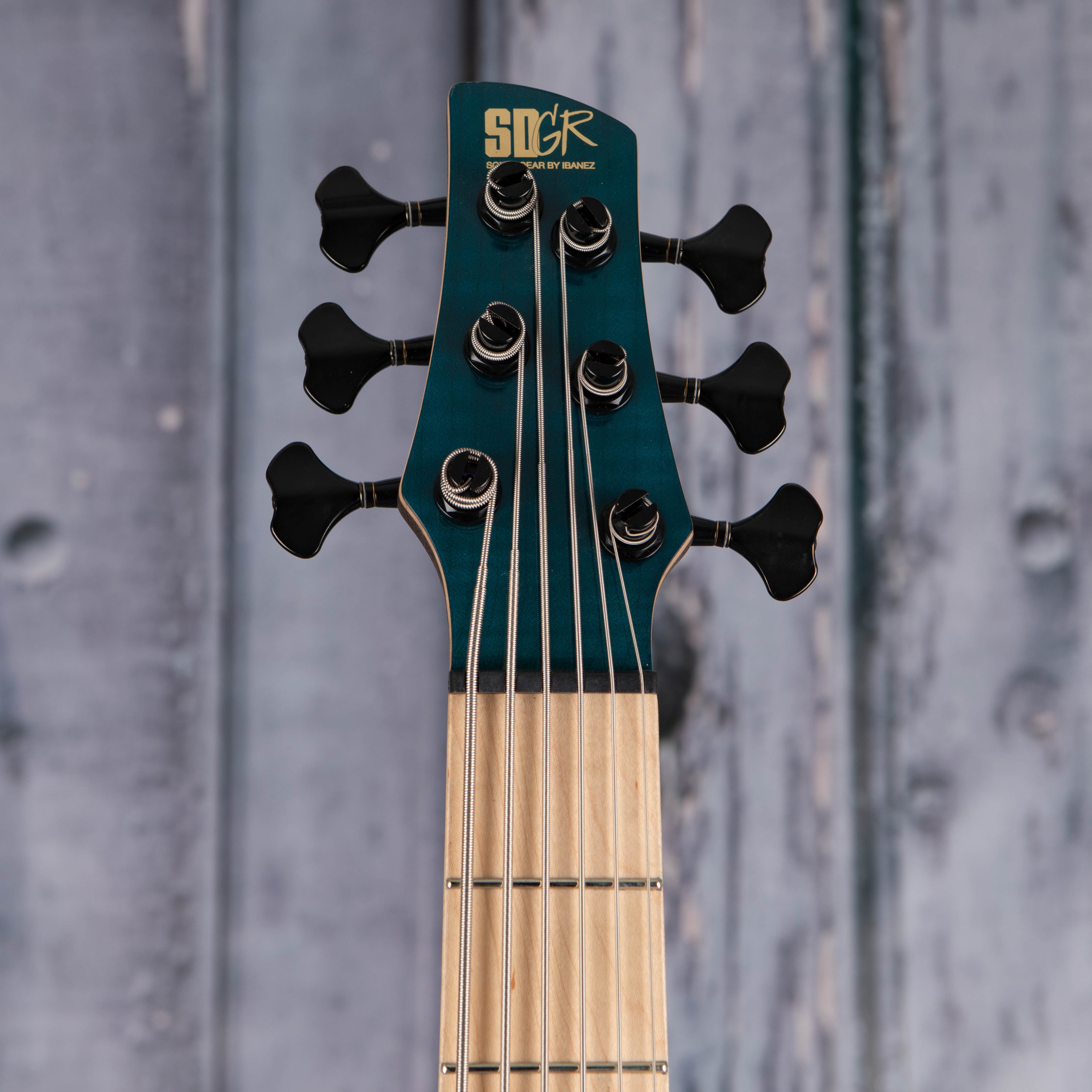 Ibanez SR Premium 6-String Electric Bass Guitar, Caribbean Green Low Gloss, front headstock