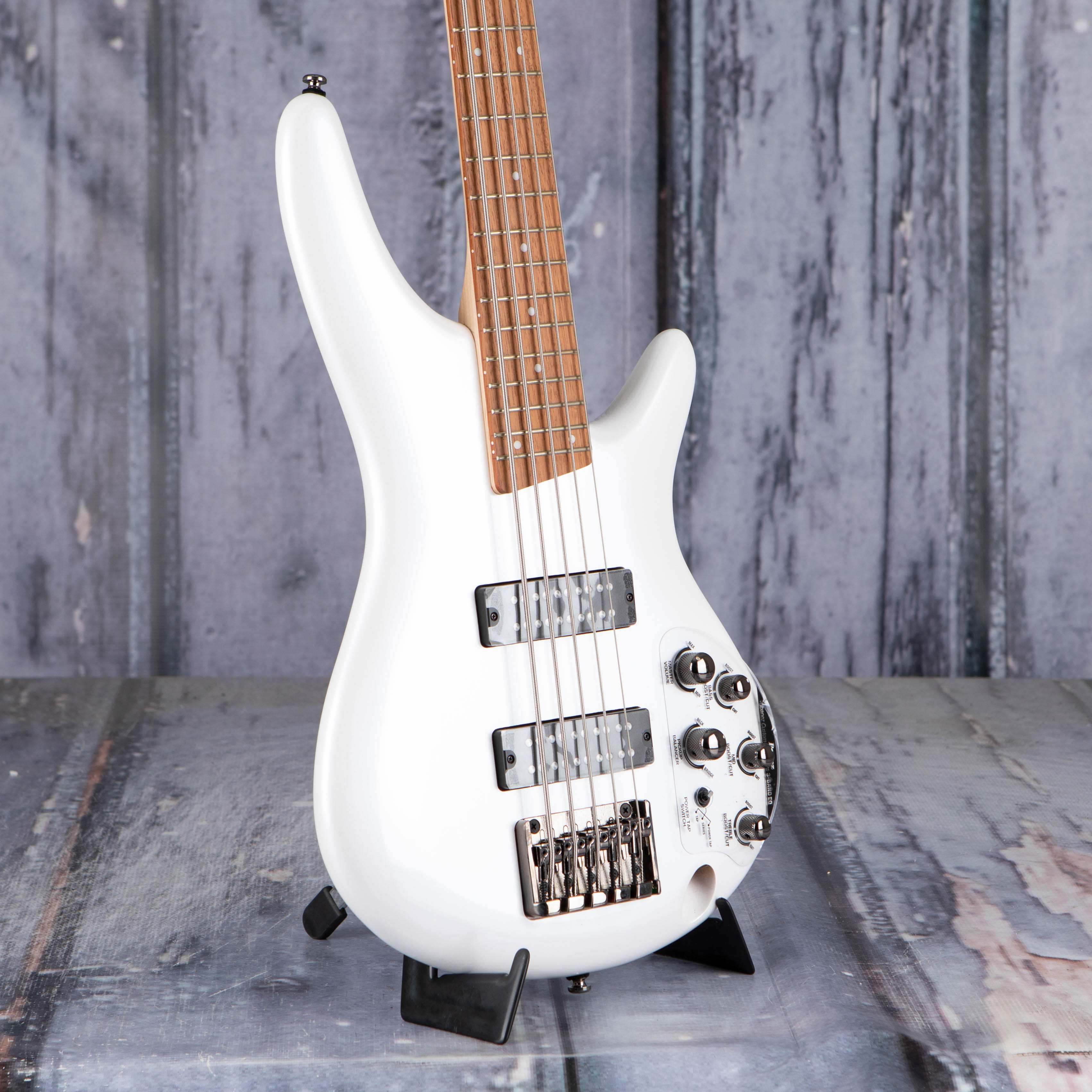 Ibanez SR305E 5-String Electric Bass Guitar, Pearl White, angle