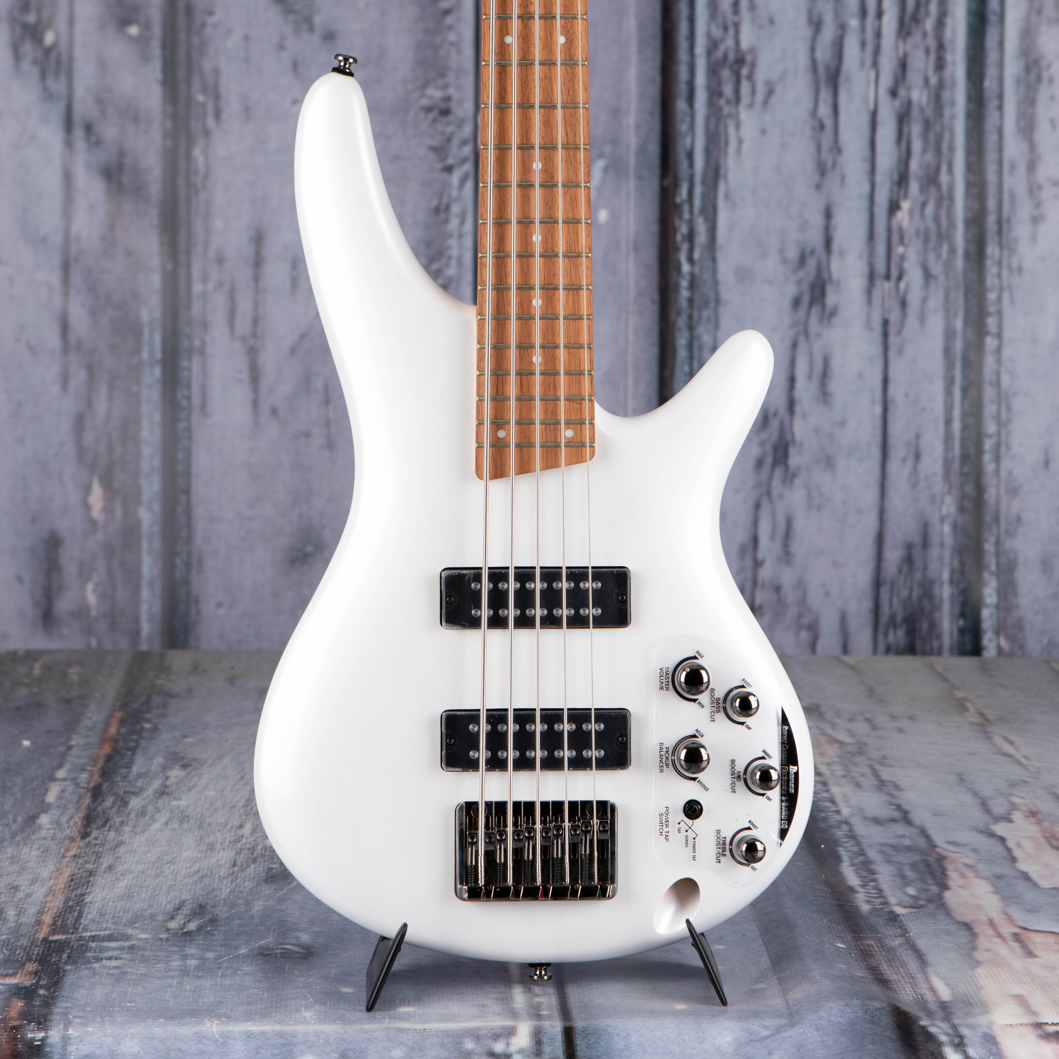 Ibanez SR305E 5-String Electric Bass Guitar, Pearl White, front closeup