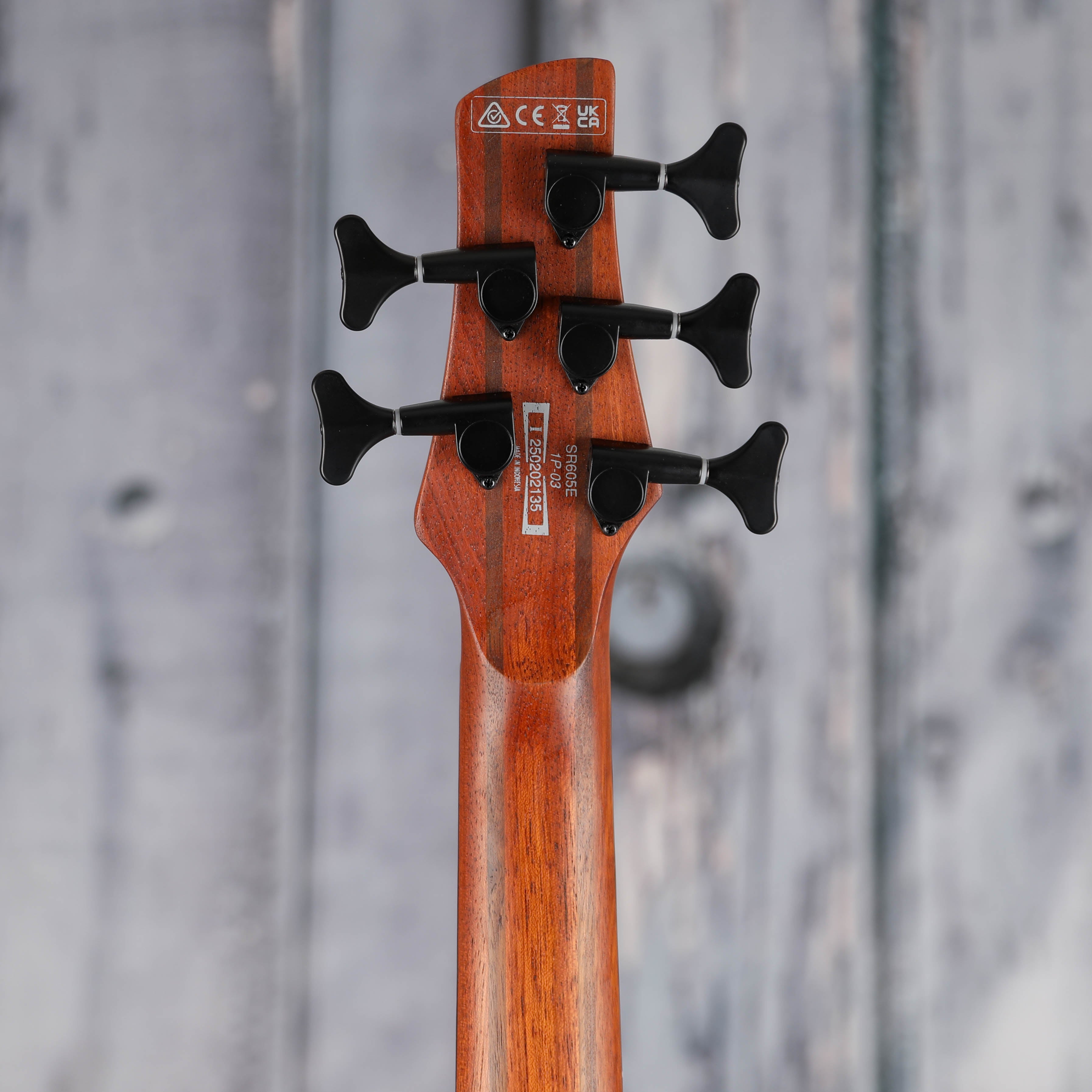 Ibanez SR605E 5-String Electric Bass Guitar, Black Stained Burst, back headstock