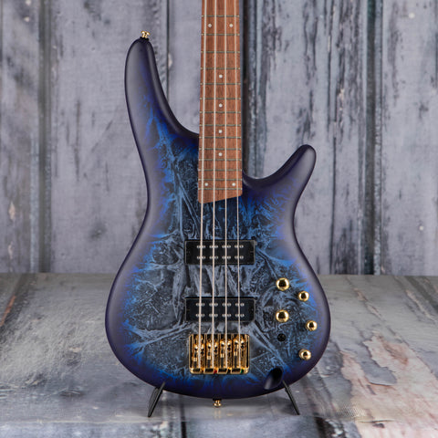 Ibanez Standard SR300EDX Electric Bass Guitar, Cosmic Blue Frozen Matte, front closeup