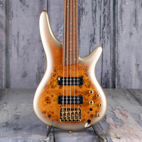 Ibanez Standard SR405EPBDX 5-String Electric Bass Guitar, Mars Gold Metallic Burst, front closeup