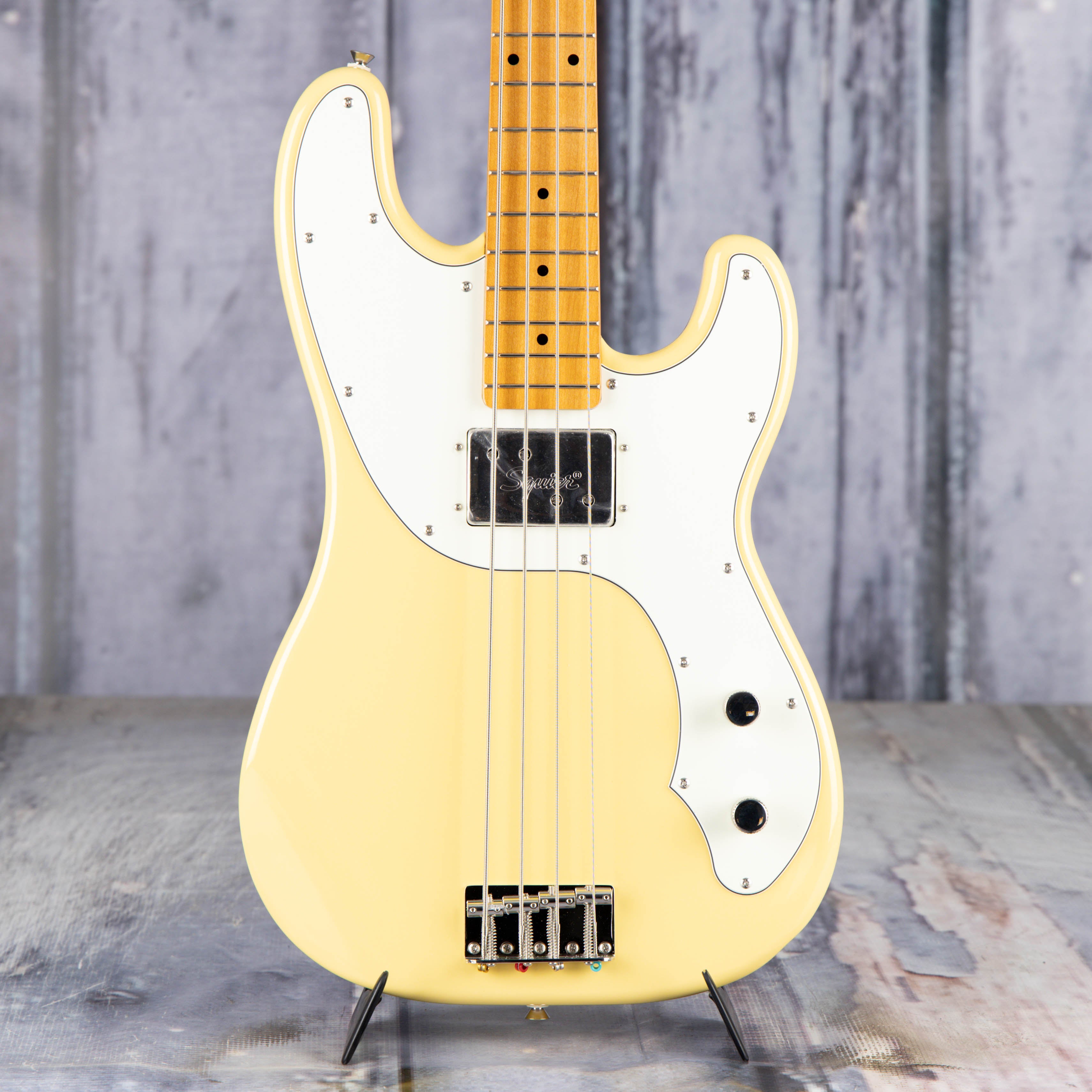 Squier Classic Vibe Telecaster Bass Guitar, Vintage White, front closeup