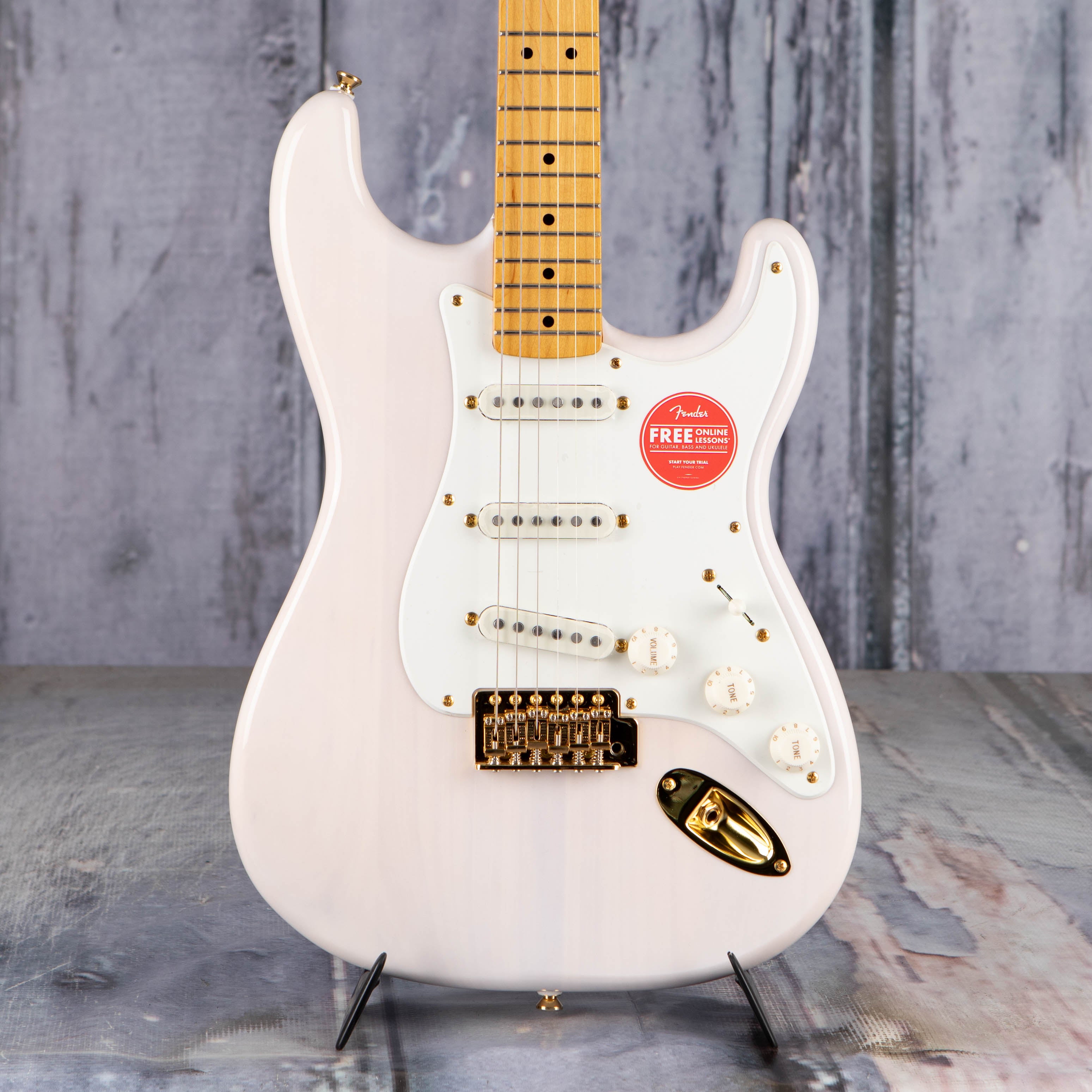 Squier FSR Classic Vibe '50s Stratocaster Electric Guitar, White Blonde, front closeup