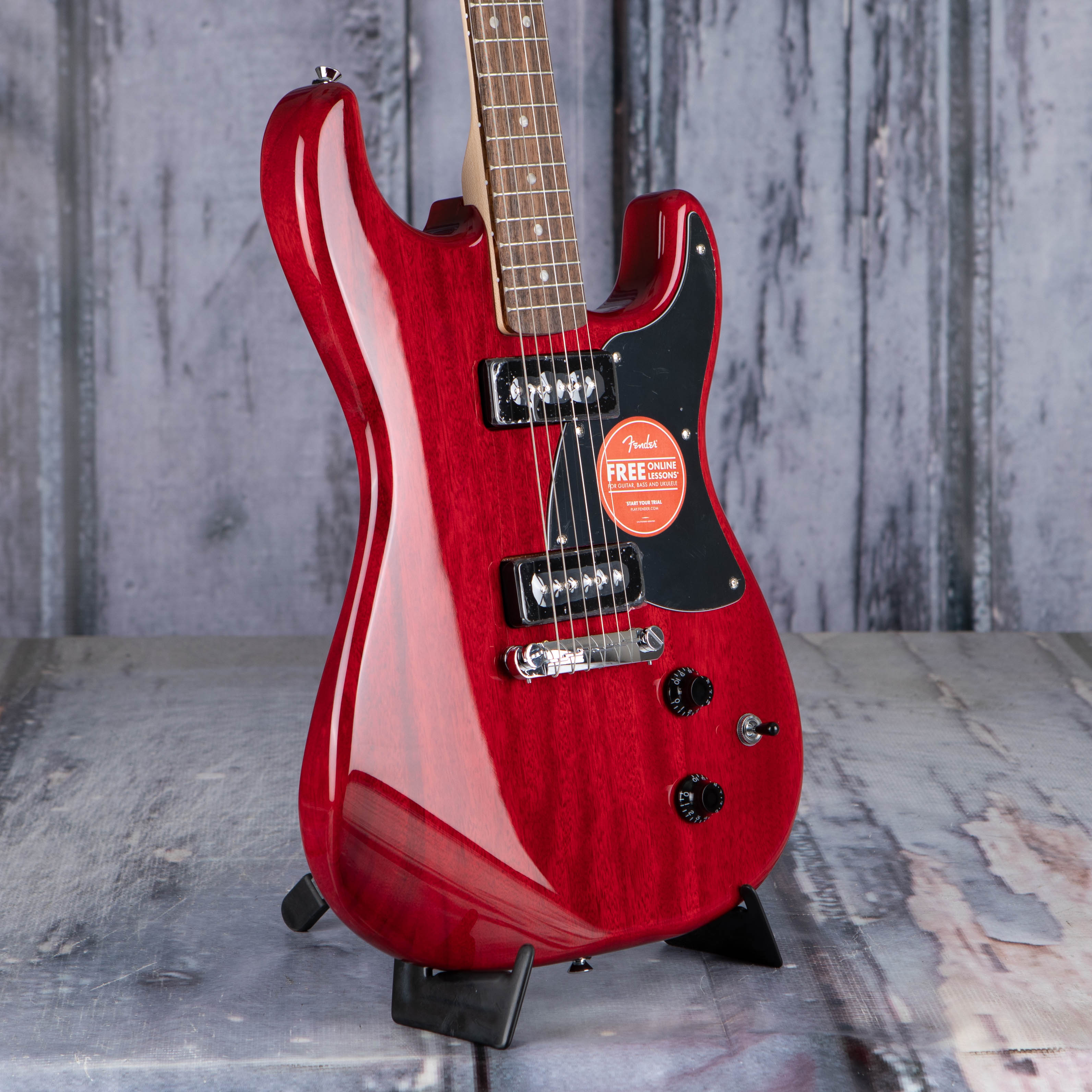 Squier Paranormal Strat-O-Sonic Electric Guitar, Crimson Red Transparent, angle
