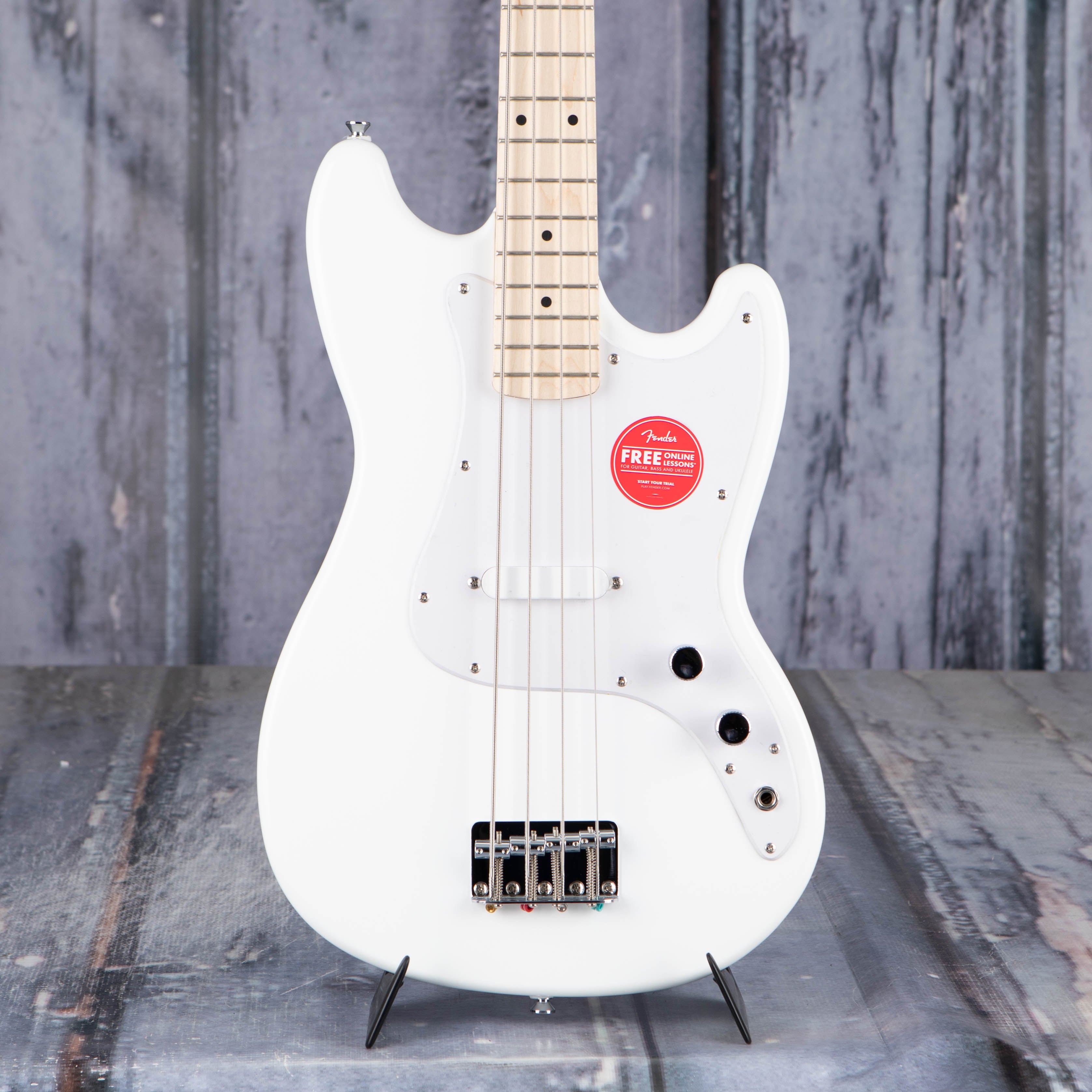 Squier Sonic Bronco Electric Bass Guitar, Arctic White, front closeup