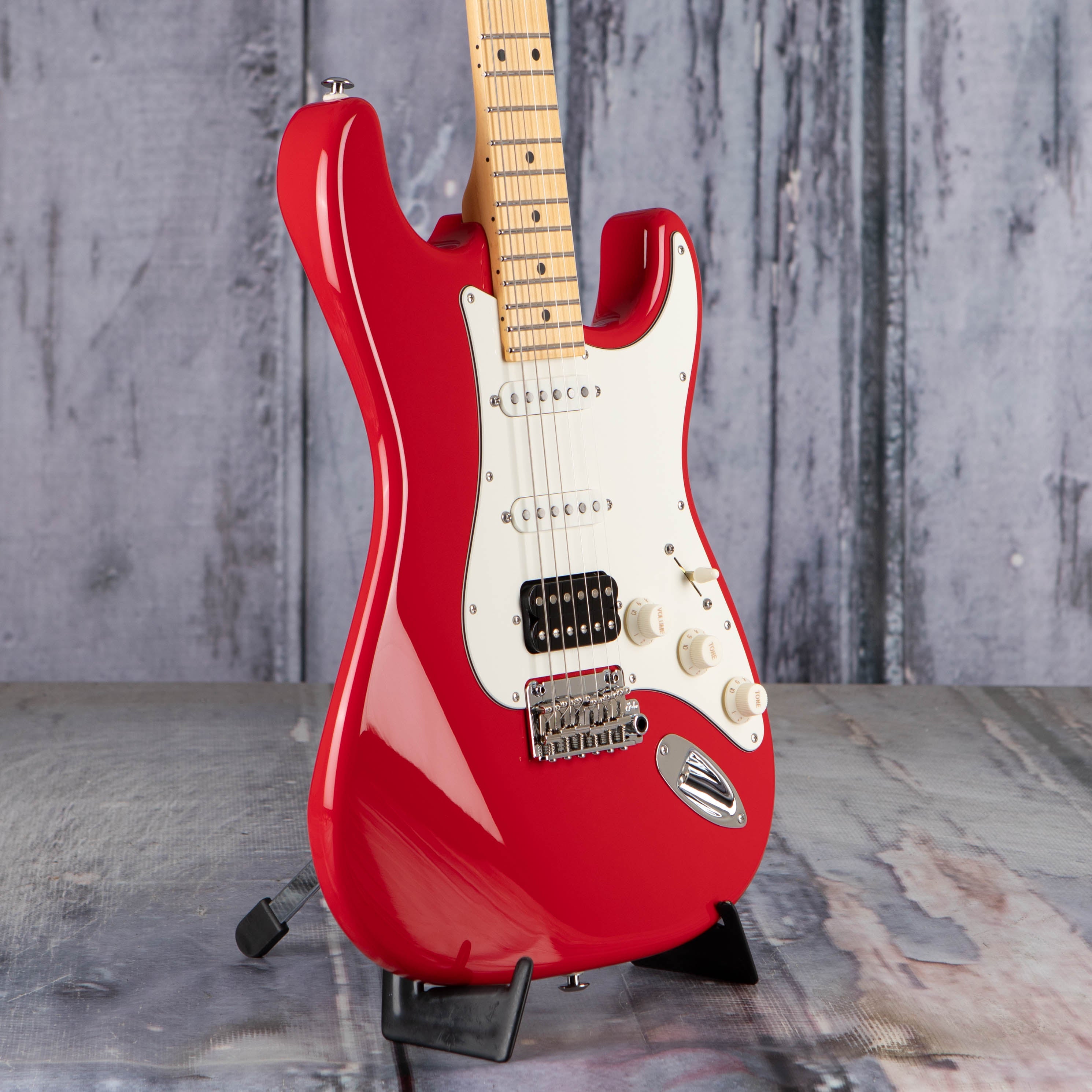 Suhr Classic S Electric Guitar, HSS, Porsche Red, angle