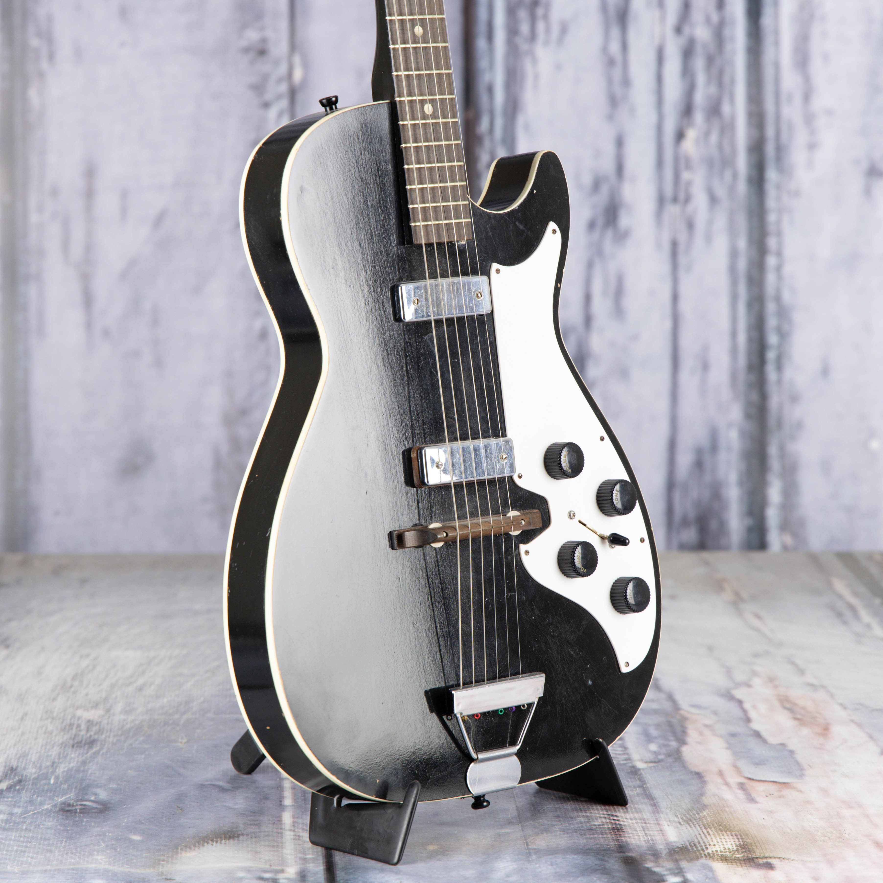 Used Airline Harmony Stratotone Electric Guitar, Black, angle