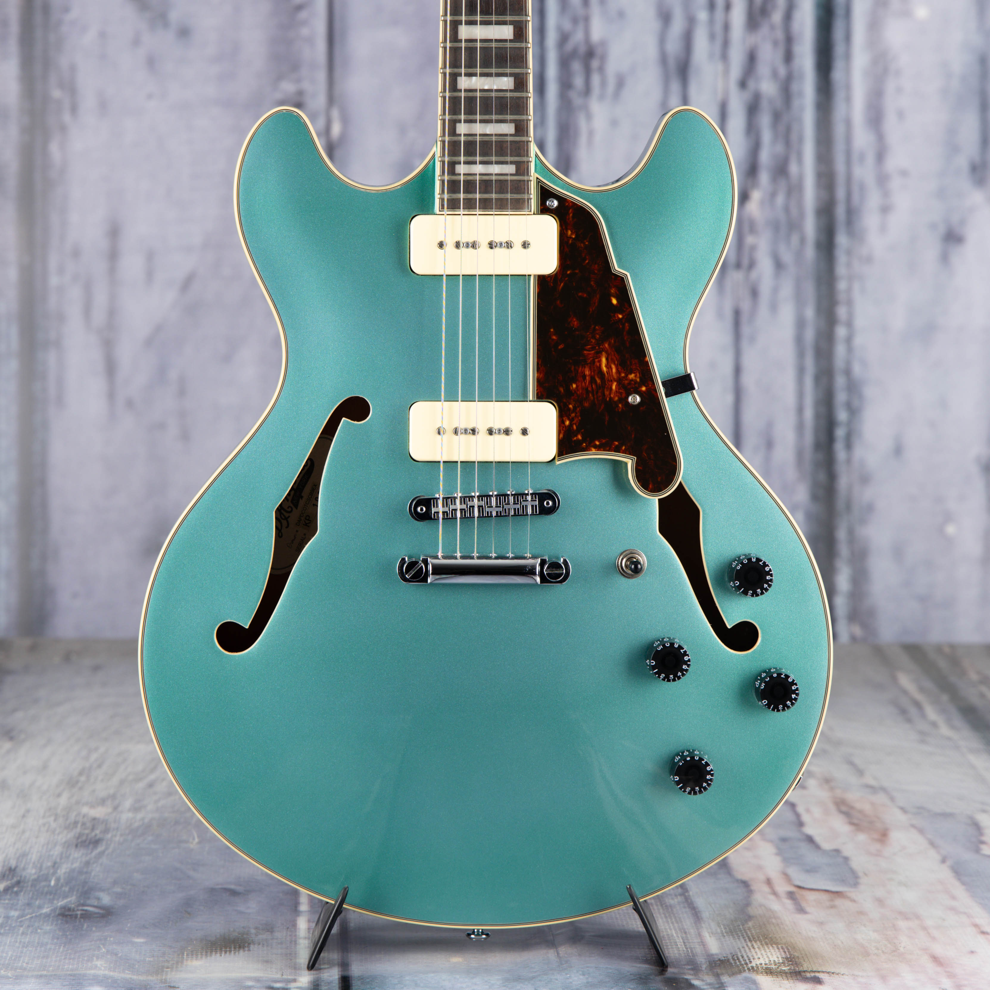 Used D'Angelico Premier DC Boardwalk P90 Semi-Hollowbody Guitar, Turquoise, front closeup