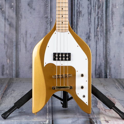 Used Eastwood Rocket Electric Bass Guitar, Metallic Gold, front closeup