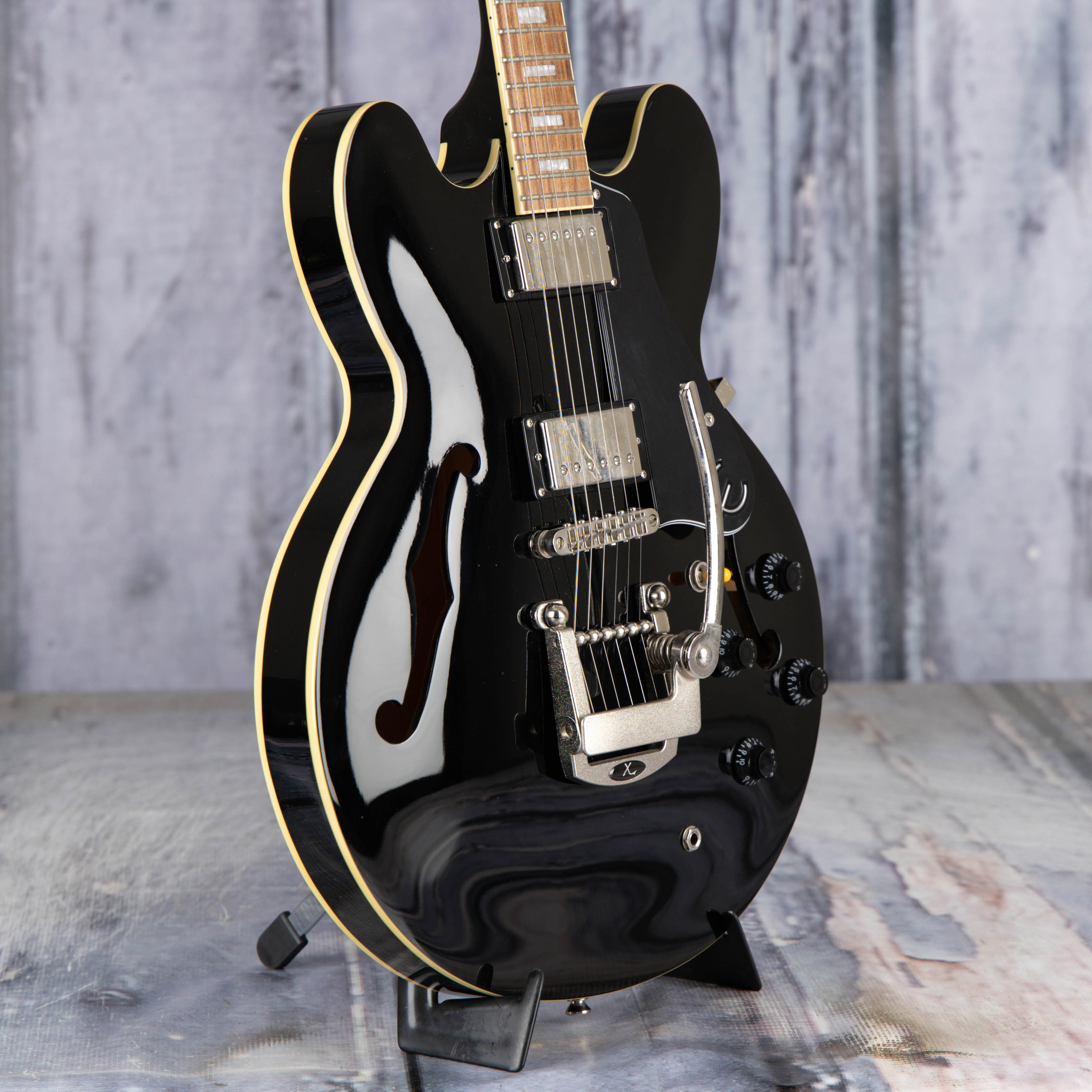 Used Epiphone ES-335 PRO Semi-Hollowbody Guitar, Ebony, angle