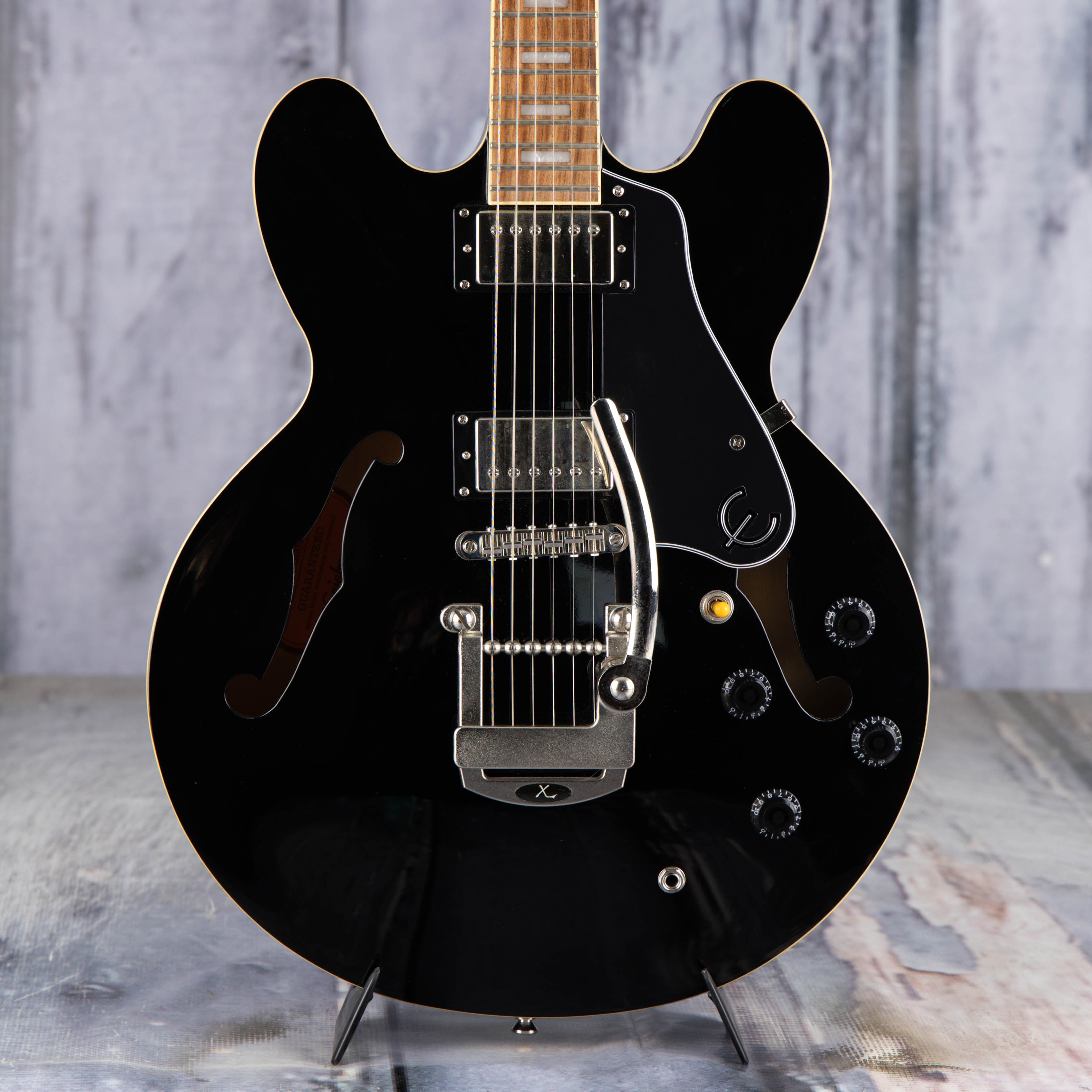 Used Epiphone ES-335 PRO Semi-Hollowbody Guitar, Ebony, front closeup