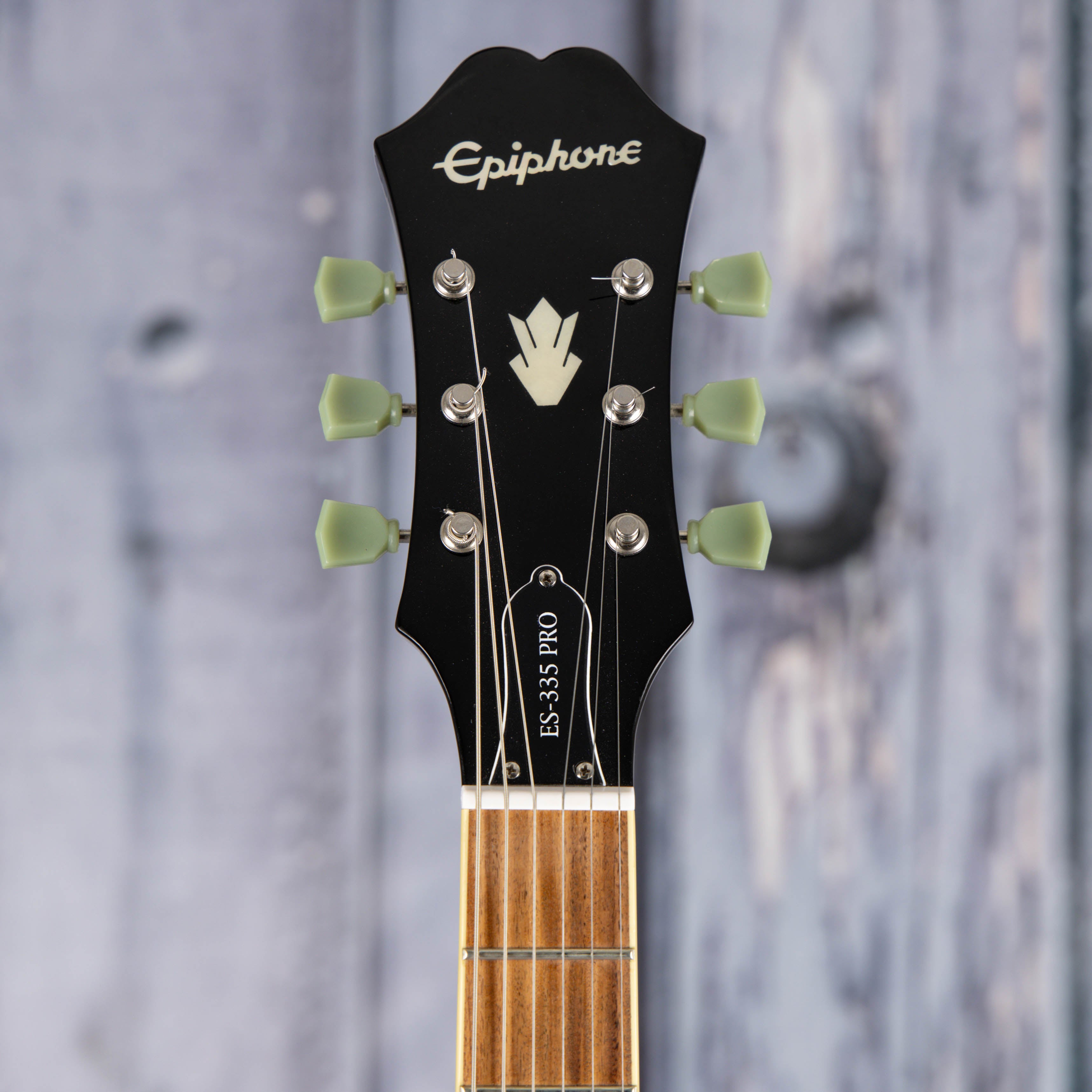 Used Epiphone ES-335 PRO Semi-Hollowbody Guitar, Ebony, front headstock