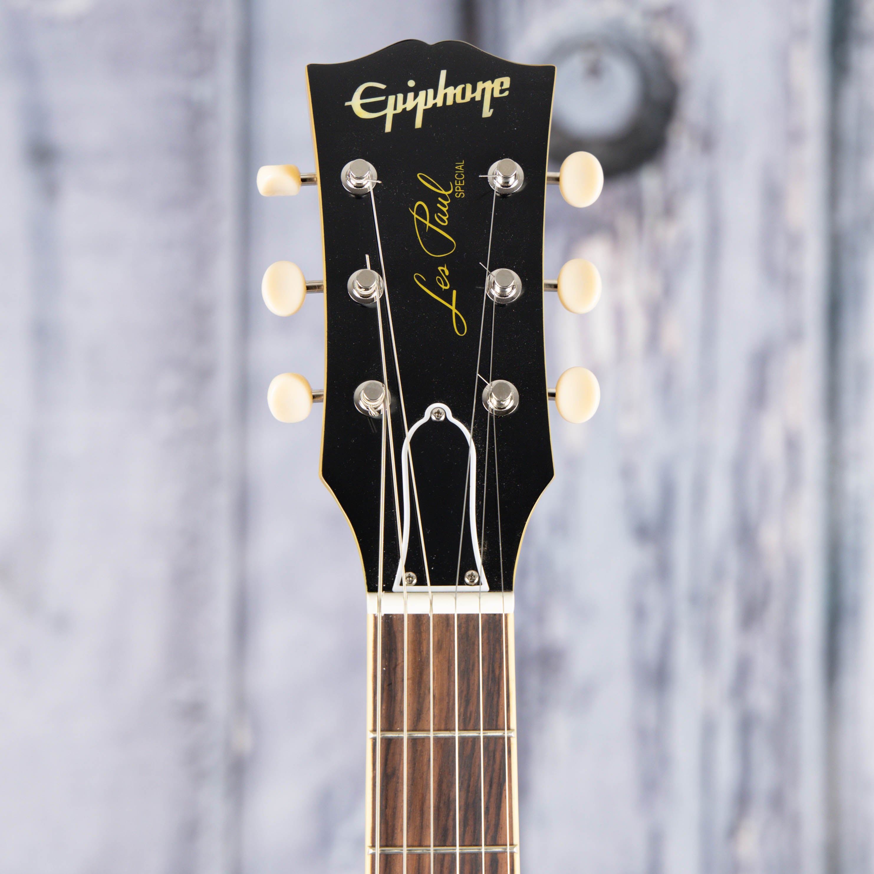 Used Epiphone Inspired By Gibson Custom 1960 Les Paul Special Double Cut Reissue Electric Guitar, TV Yellow, front headstock