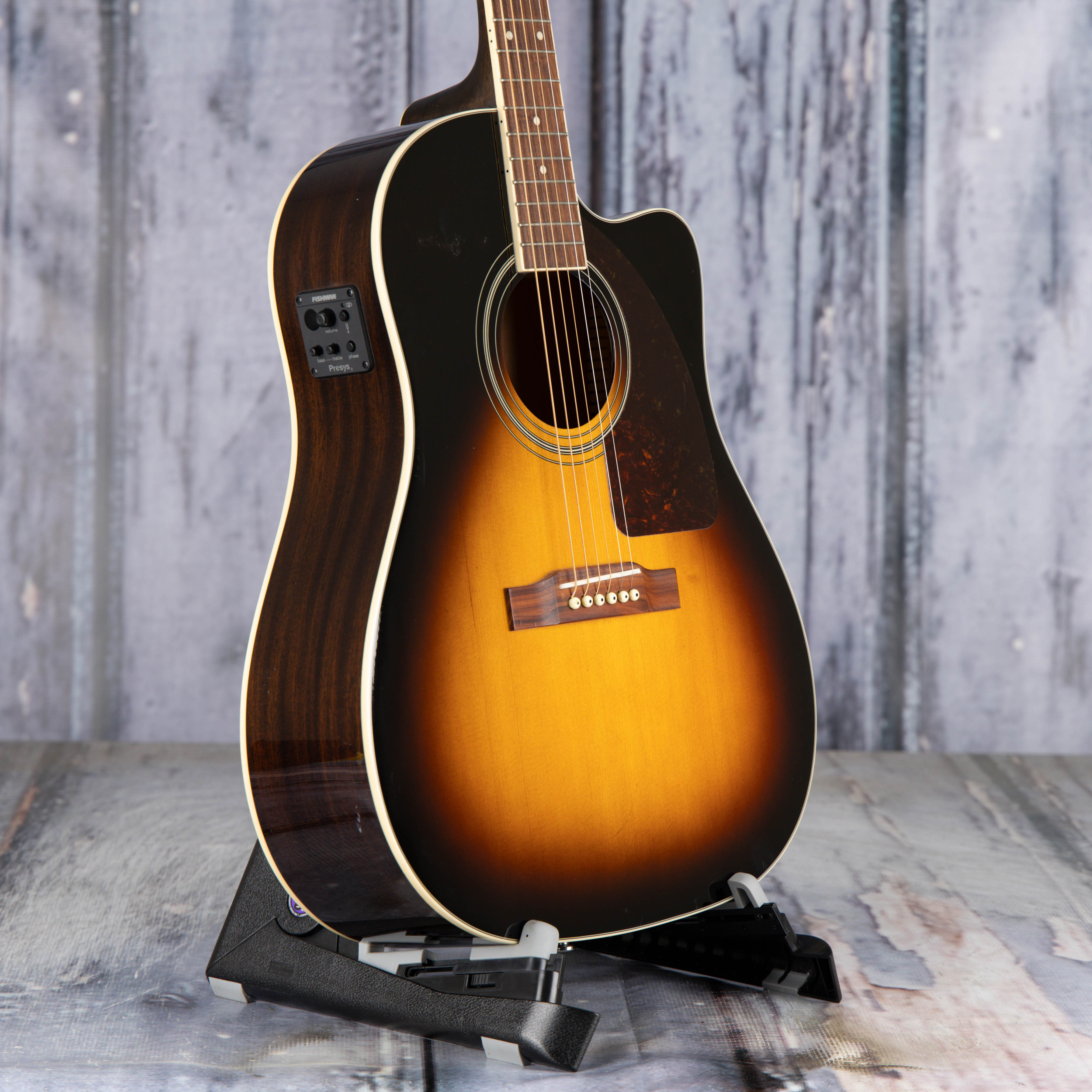 Used Epiphone J-45 EC Studio Acoustic/Electric Guitar, Vintage Sunburst, angle