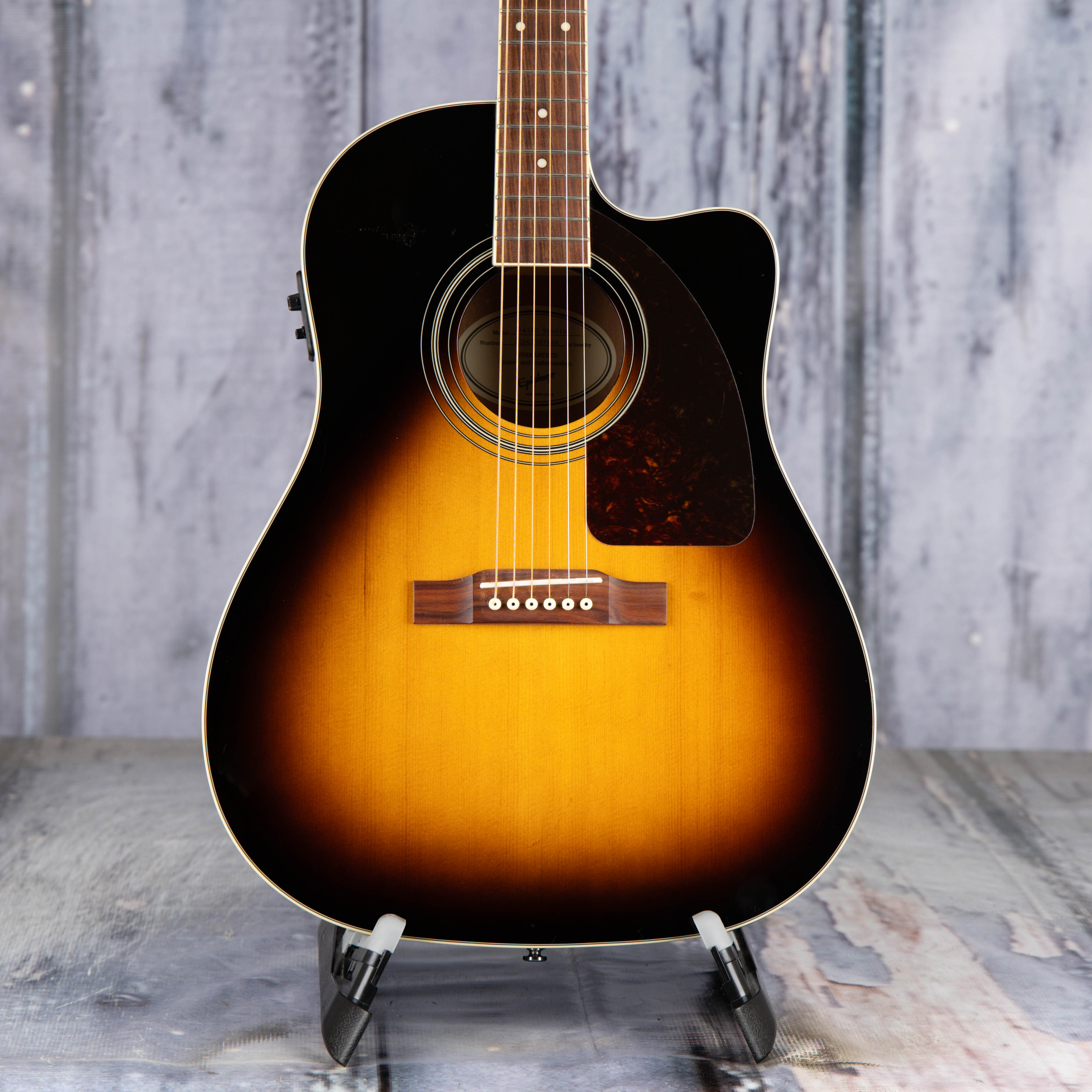 Used Epiphone J-45 EC Studio Acoustic/Electric Guitar, Vintage Sunburst, front closeup