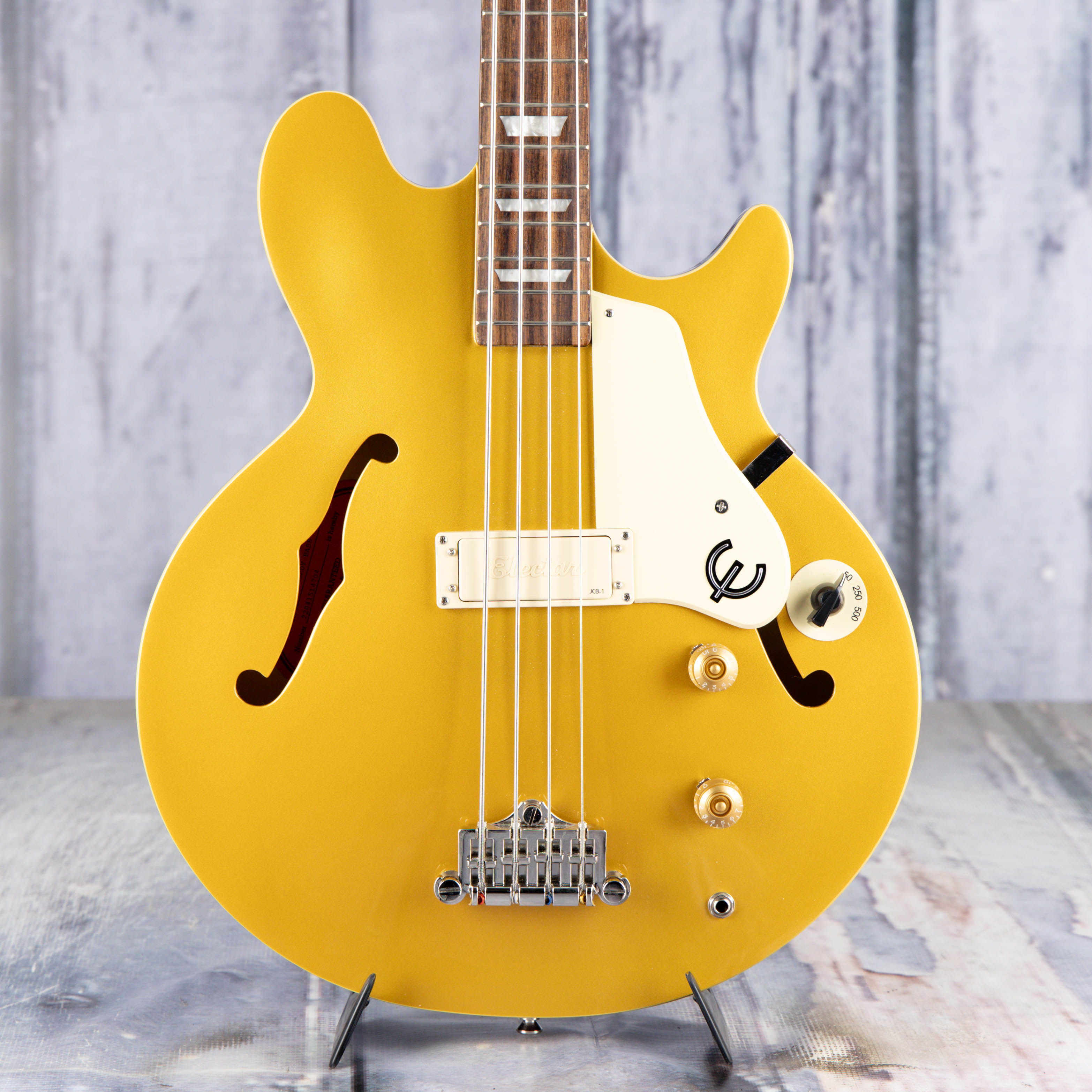 Used Epiphone Jack Cassady Bass Guitar, Goldtop, front closeup