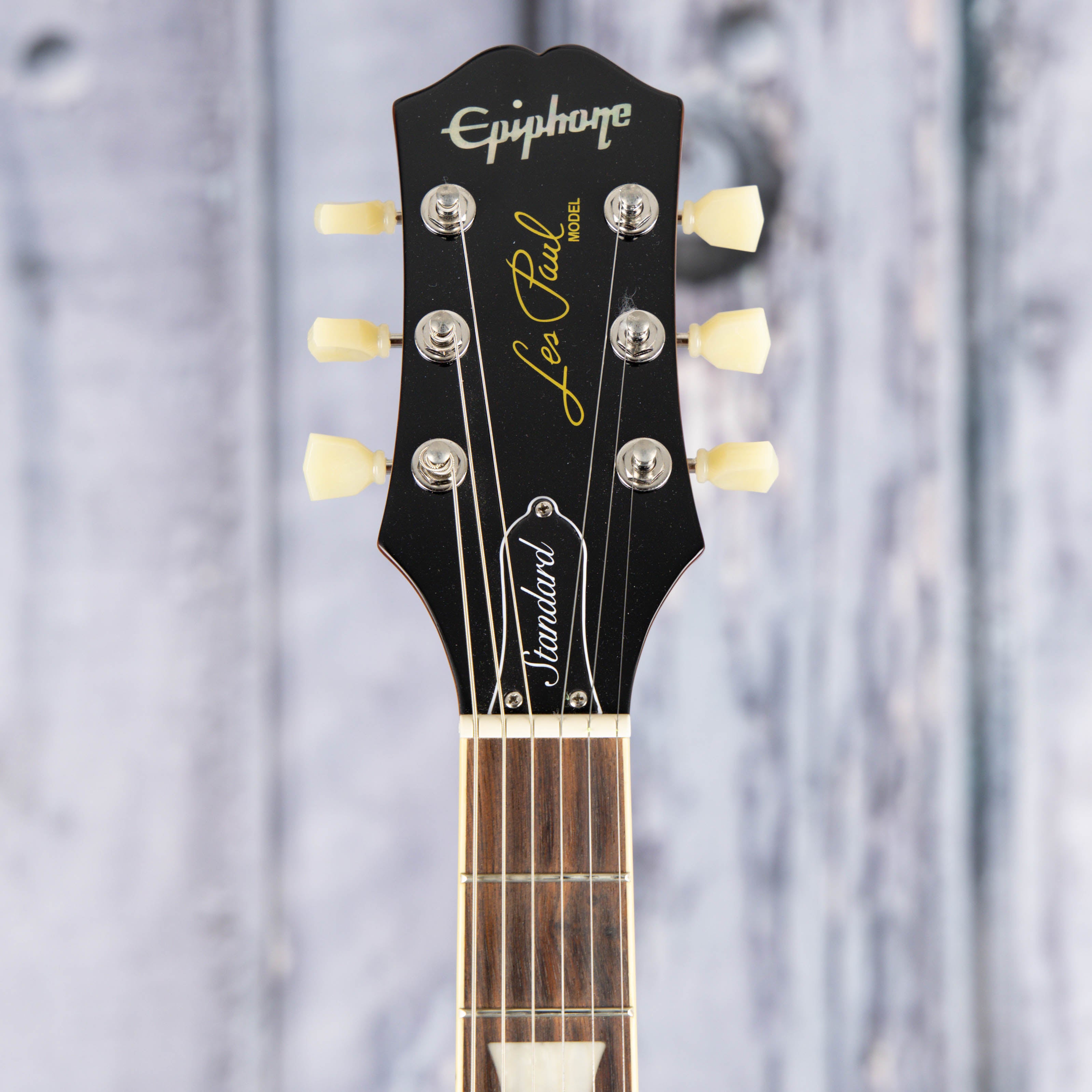 Used Epiphone Les Paul Standard Electric Guitar, Gold Top, front headstock