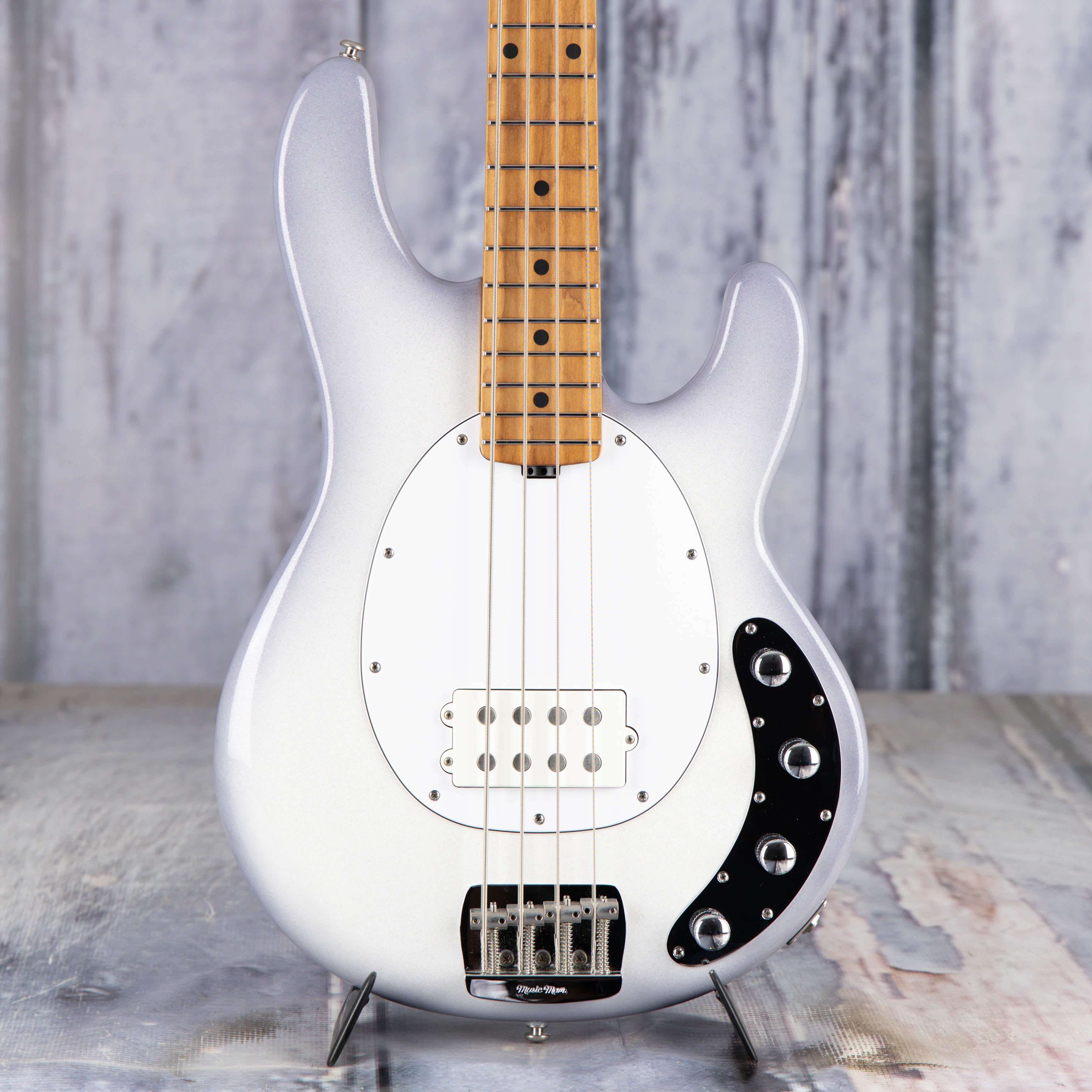 Used Ernie Ball Music Man StingRay Special Electric Bass Guitar, Snowy Night, front closeup