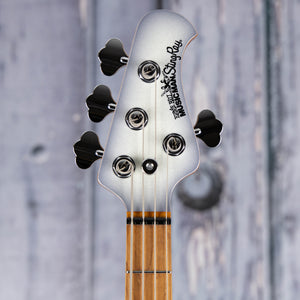 Used Ernie Ball Music Man StingRay Special Electric Bass Guitar, Snowy Night, front headstock