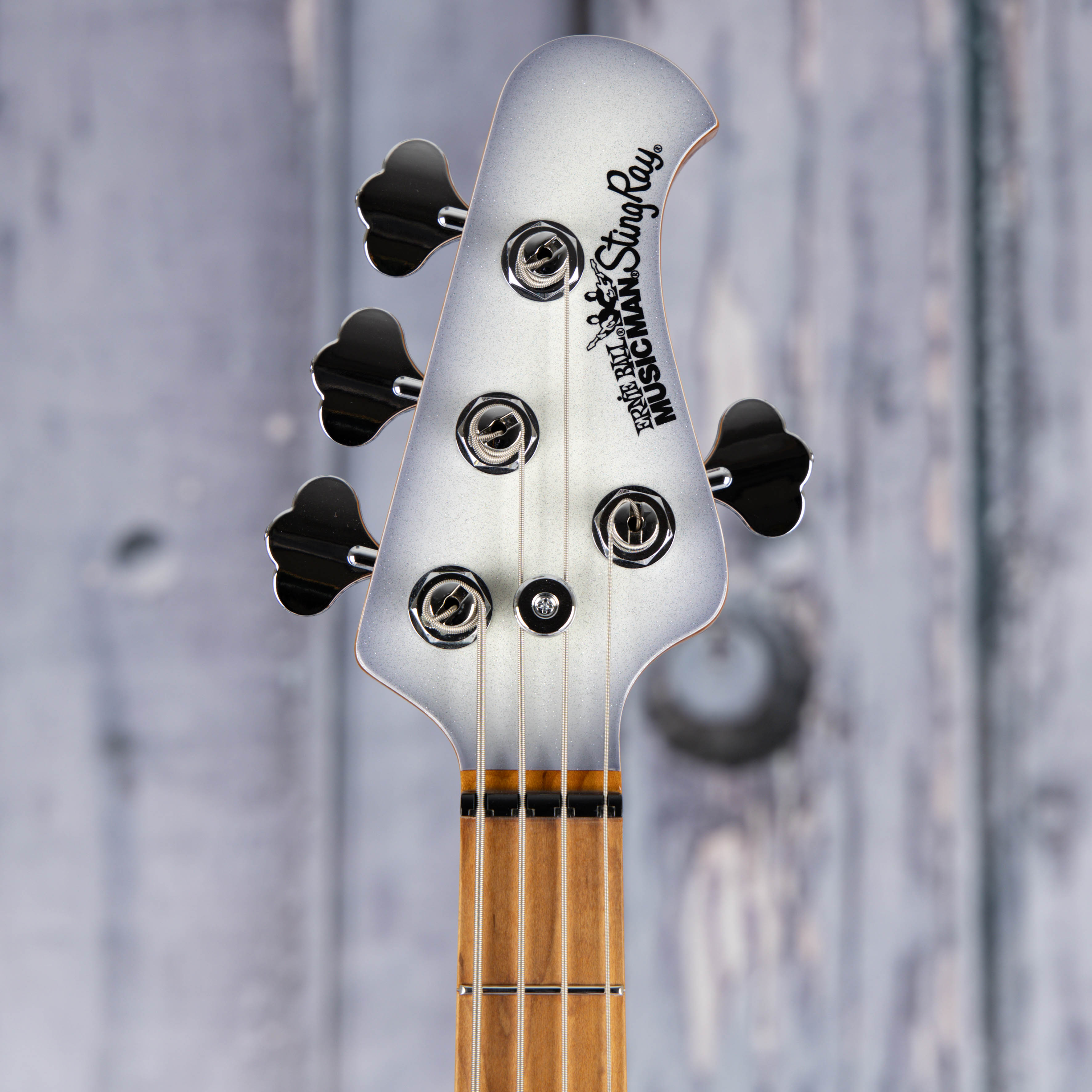 Used Ernie Ball Music Man StingRay Special Electric Bass Guitar, Snowy Night, front headstock