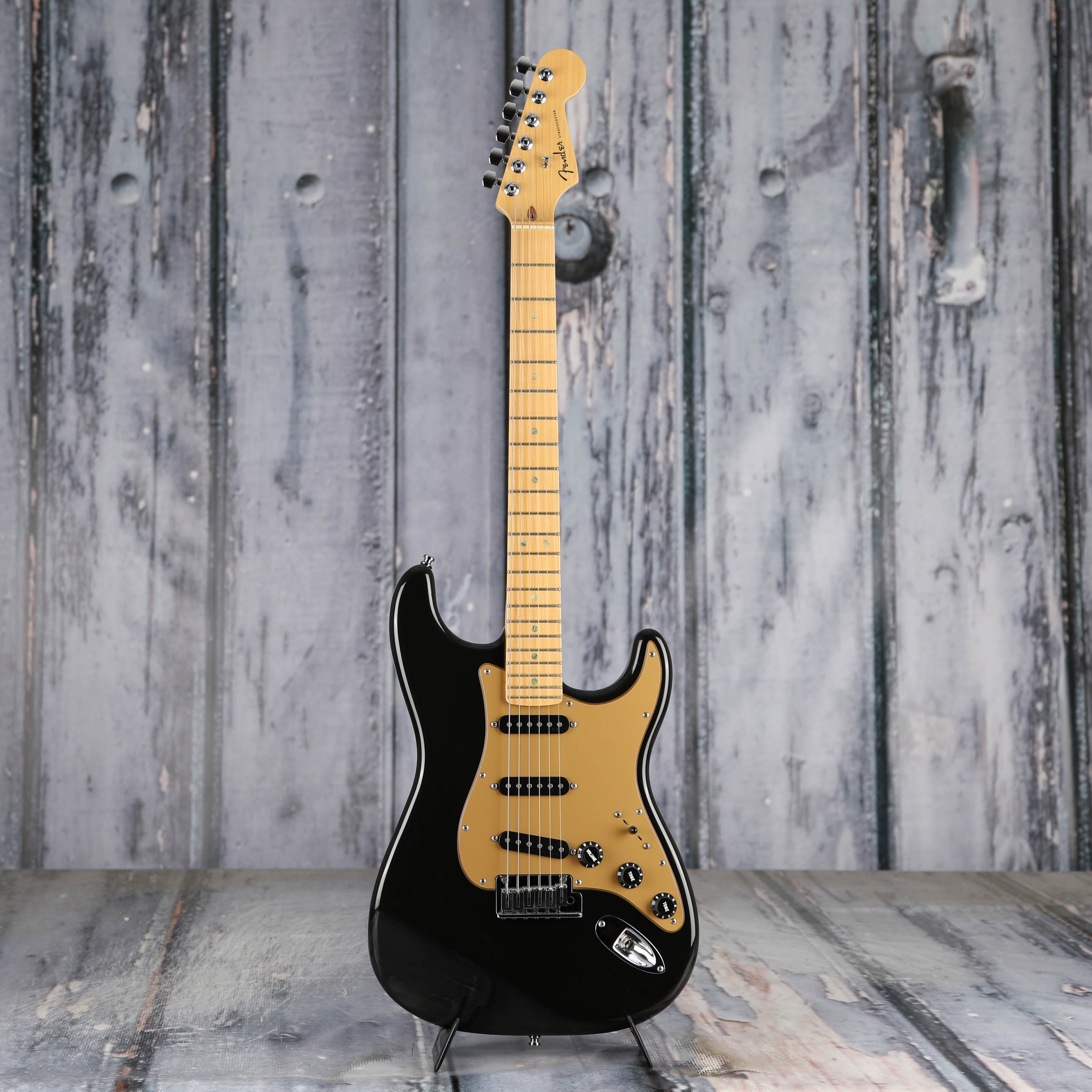 Used Fender American Deluxe Stratocaster Electric Guitar, 2004, Montego Black, front