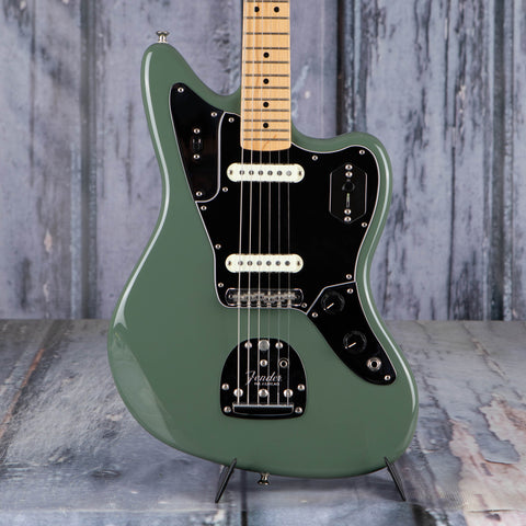 Used Fender American Professional Jaguar Electric Guitar, 2016, Olive Green, front closeup