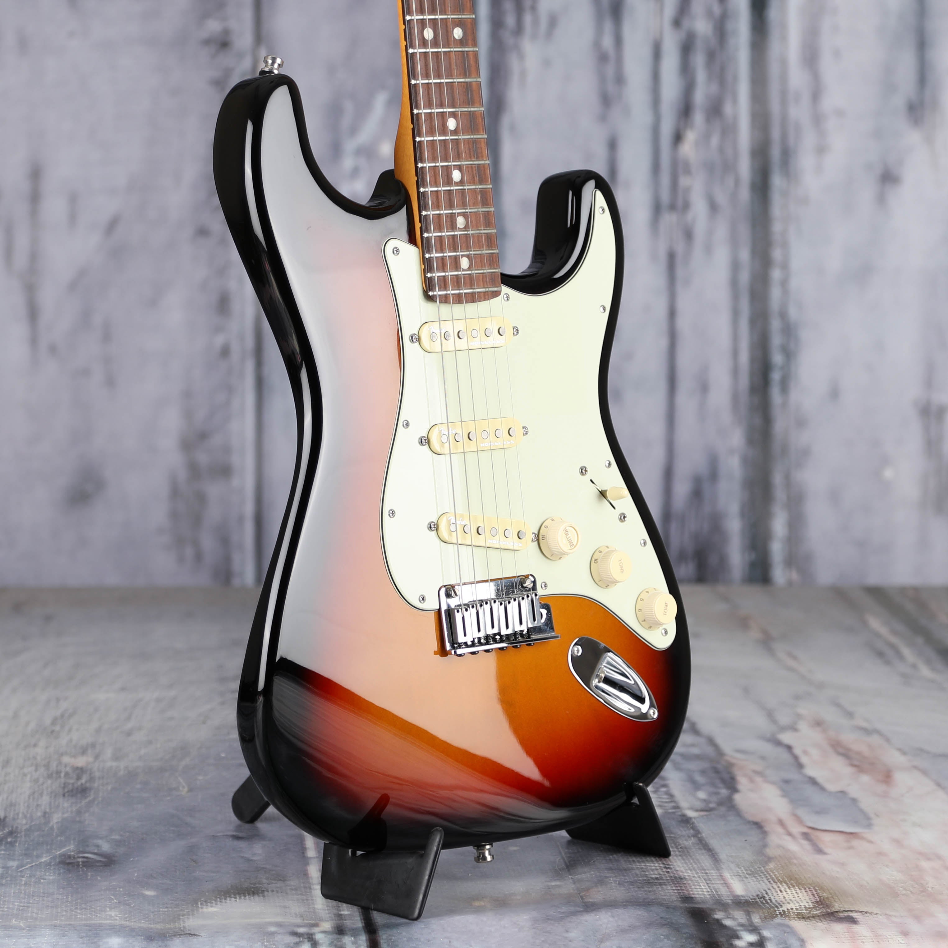 Used Fender American Ultra Stratocaster Electric Guitar, 2022, Ultraburst, angle