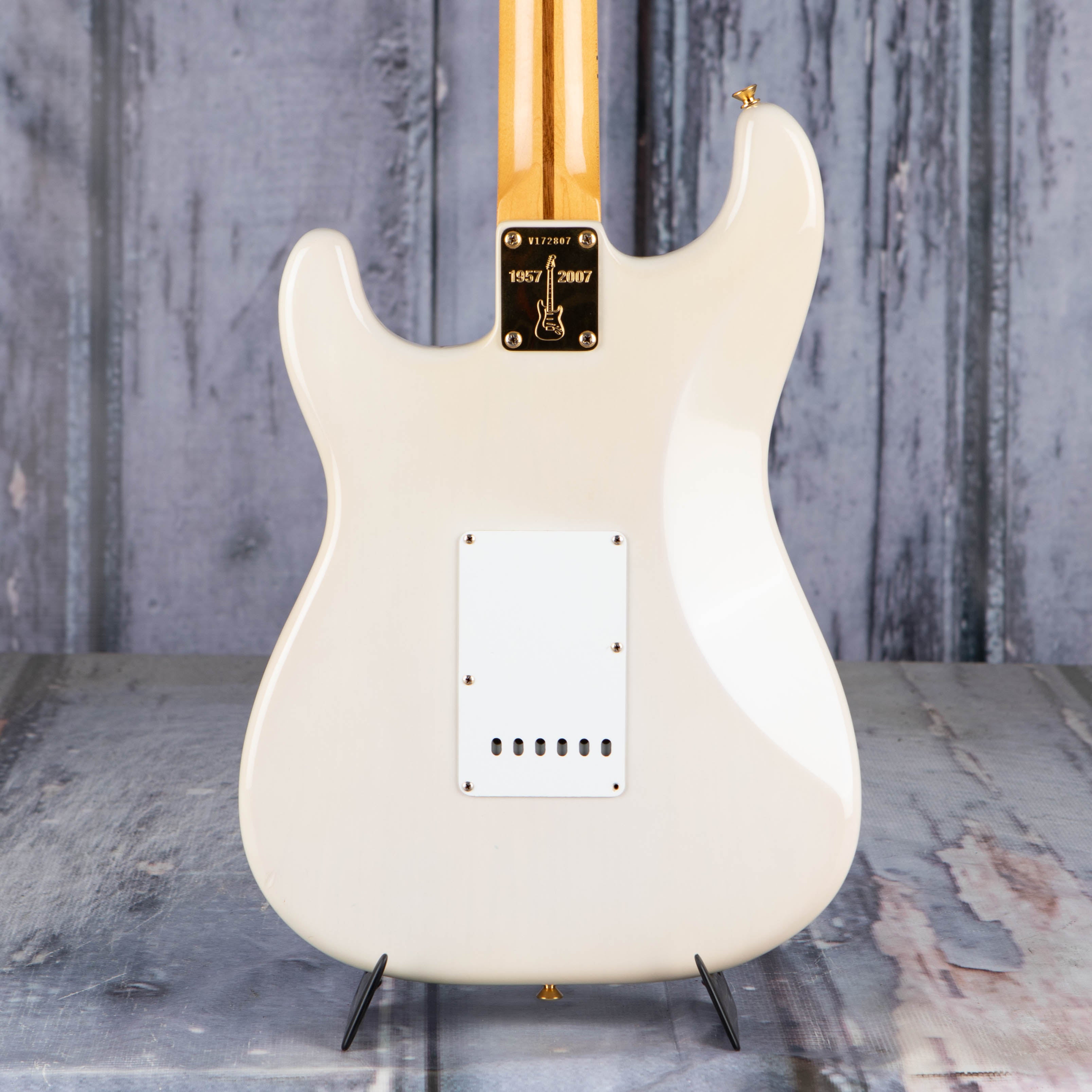 Used Fender American Vintage 1957 Commemorative Stratocaster Electric Guitar, 2007, White Blonde, back closeup