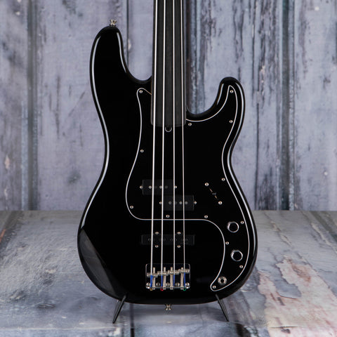 Used Fender Artist Series Tony Franklin Fretless Precision Bass Guitar, 2022, Black, front closeup
