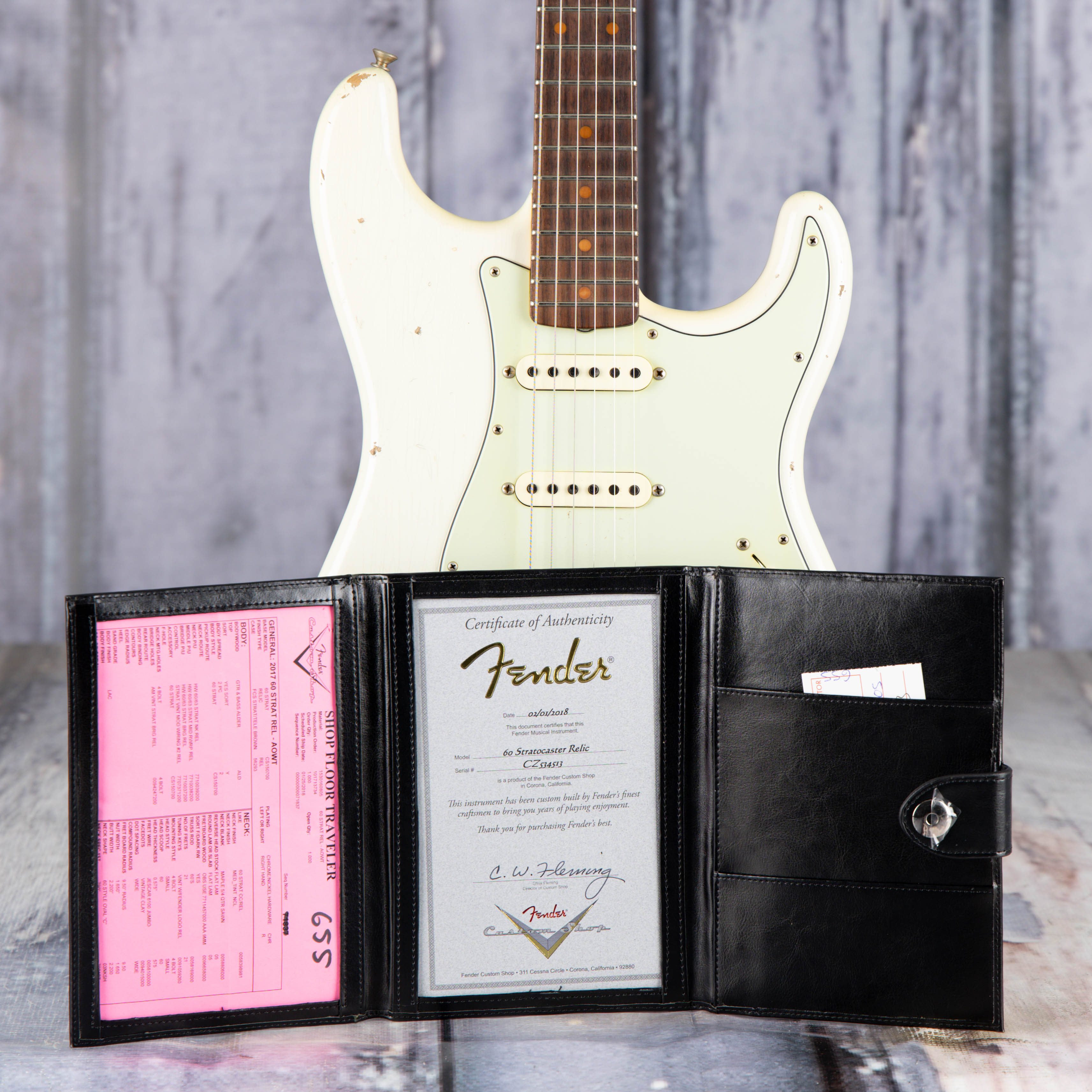 Used Fender Custom Shop 60s Stratocaster Relic Electric Guitar, 2017, Aged Olympic White, coa