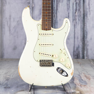 Used Fender Custom Shop 60s Stratocaster Relic Electric Guitar, 2017, Aged Olympic White, front closeup