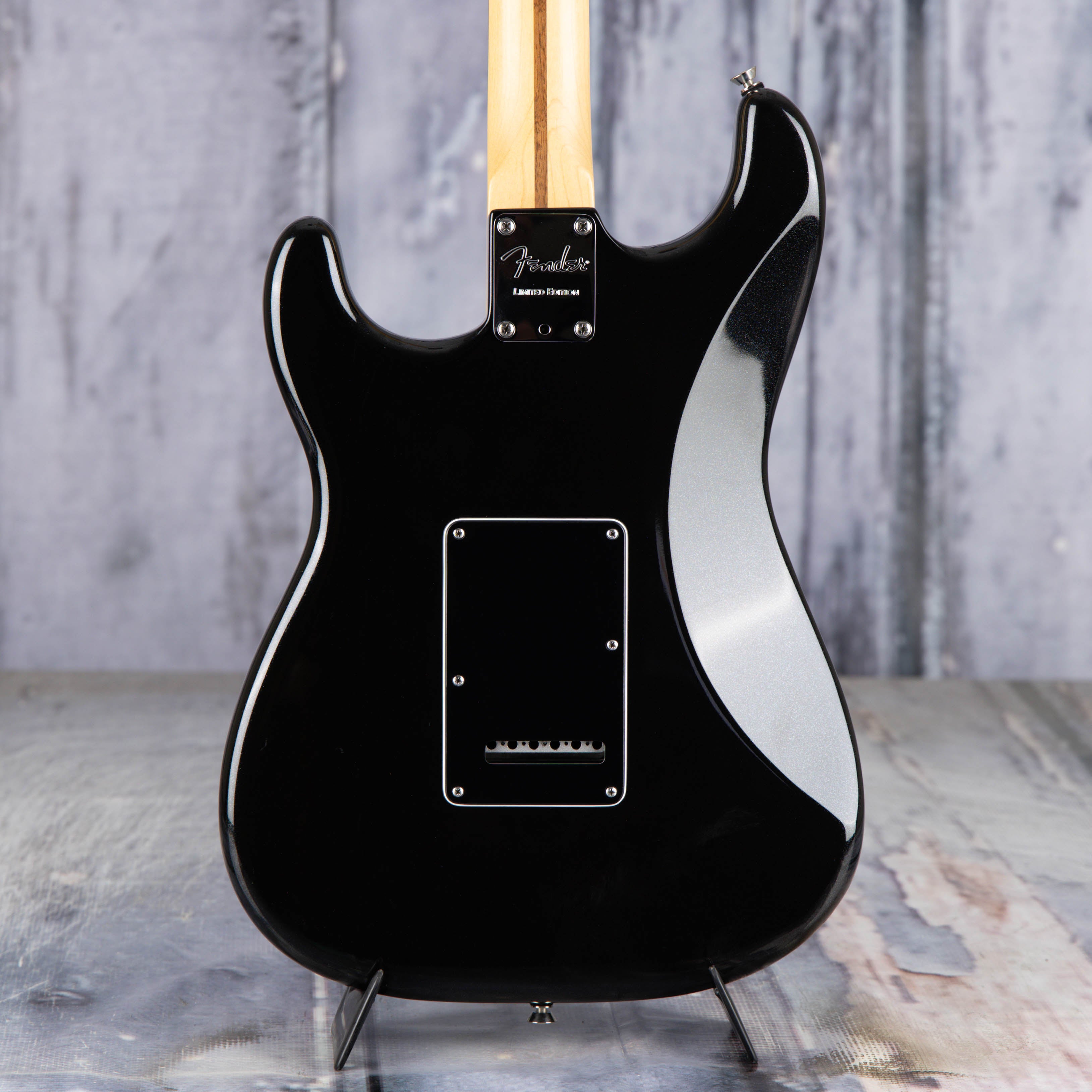 Used Fender Limited Edition Blackout Stratocaster Electric Guitar, 2015, Mystic Black, back closeup