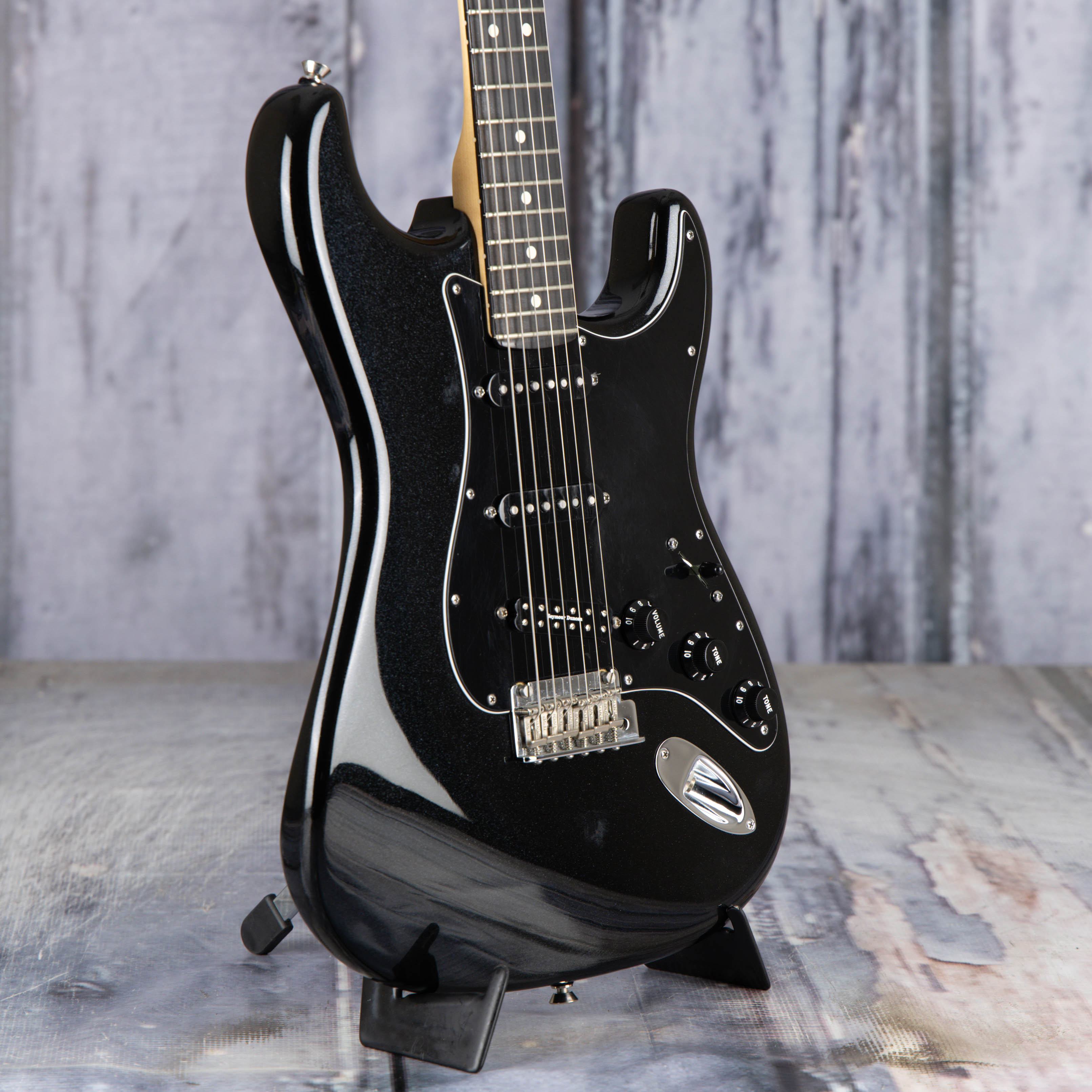 Used Fender Limited Edition Blackout Stratocaster Electric Guitar, 2015, Mystic Black, angle