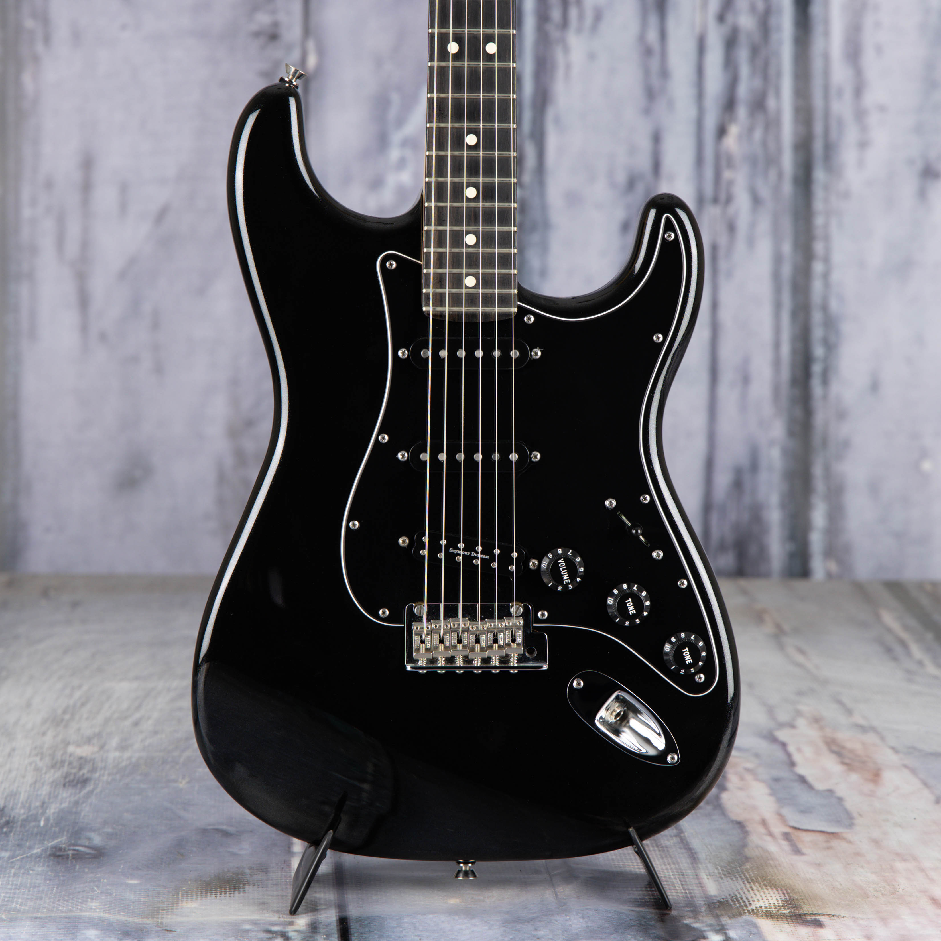 Used Fender Limited Edition Blackout Stratocaster Electric Guitar, 2015, Mystic Black, front closeup
