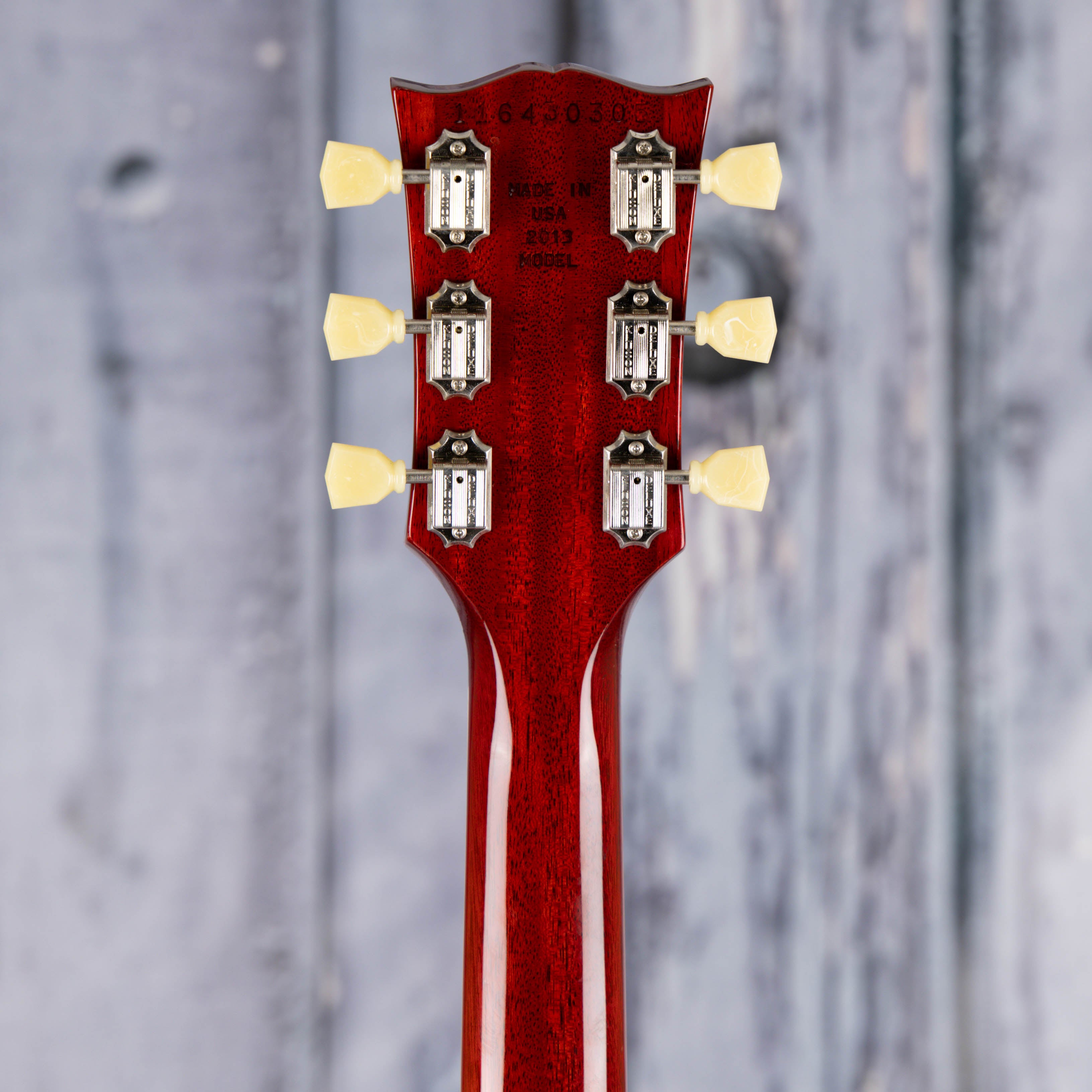Used Gibson 1961 SG Standard Maestro Vibrola Electric Guitar, Vintage Cherry, back headstock